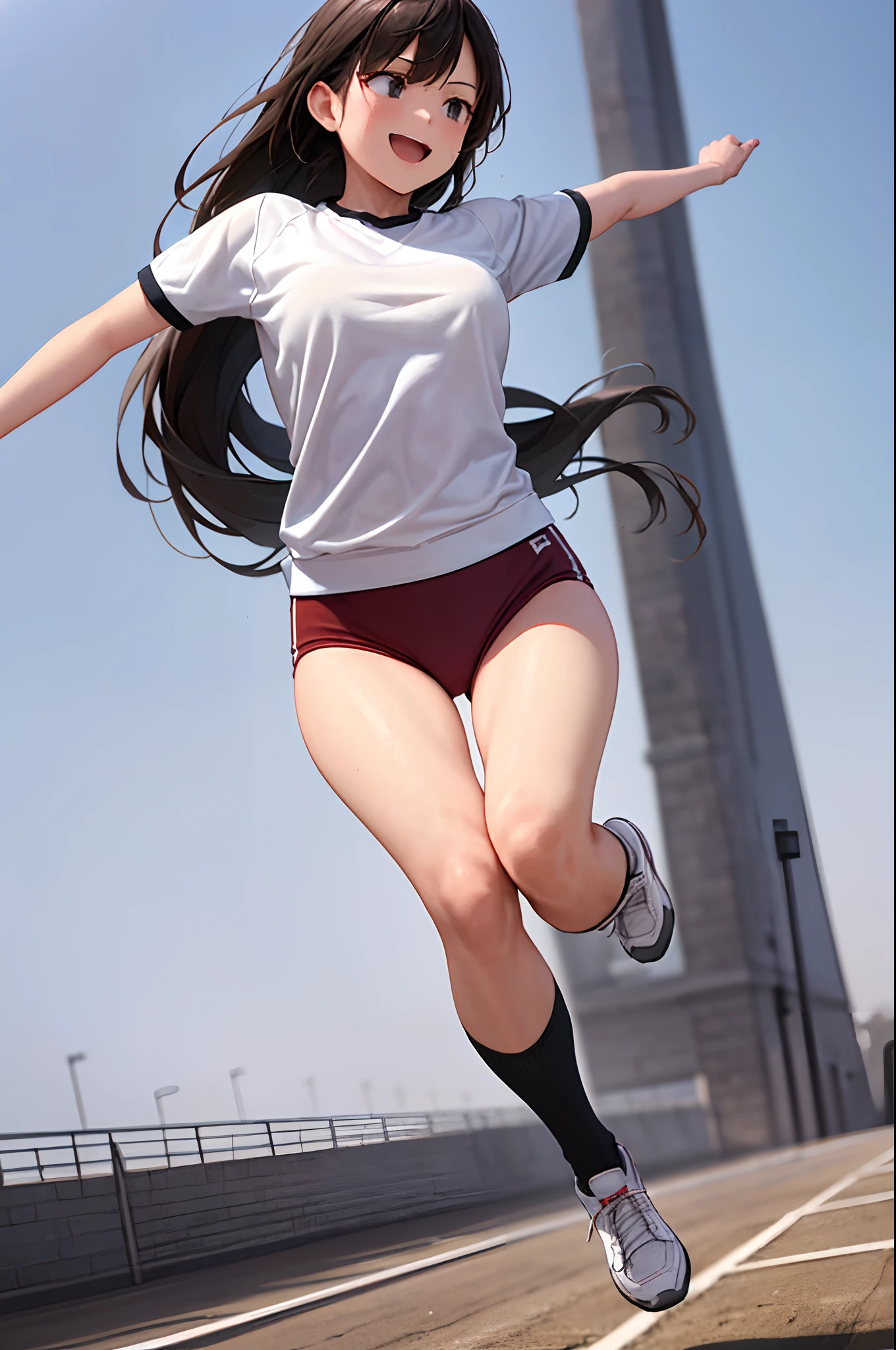 (absurdres, highres, ultra detailed, high resolution:1.1), (2girls wearing (red buruma:1.1) and (red gym uniform:1.2) (running and jumping:1.20) with smile,black eyes,(navel:0.67),medium breasts, (cowboy shot),(black hair:1.0),(long hair:1.2),course track,(sky:1.0),