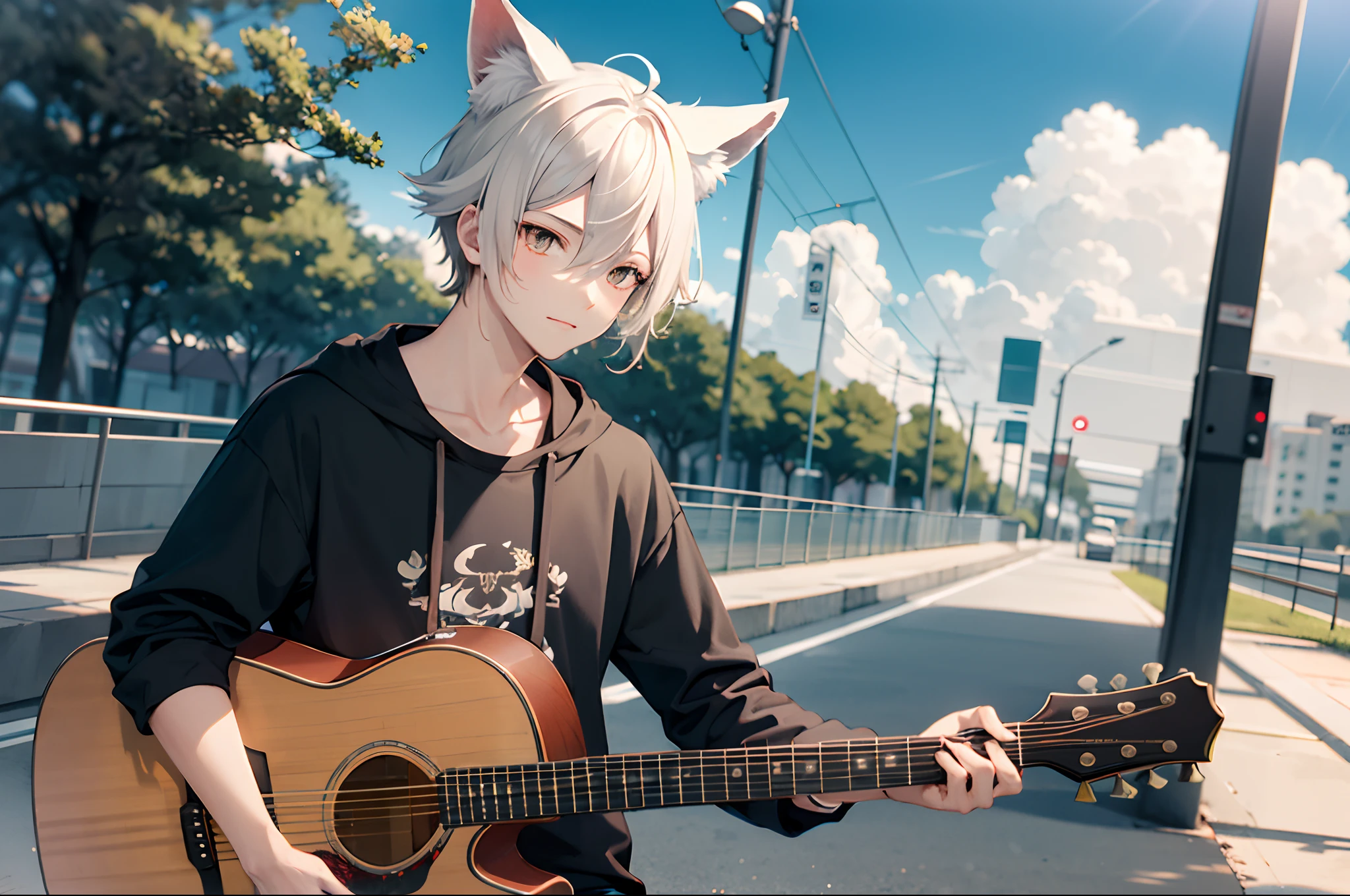 1 boy, guitar, sky backround, fox ear, anime style, aesthetic
