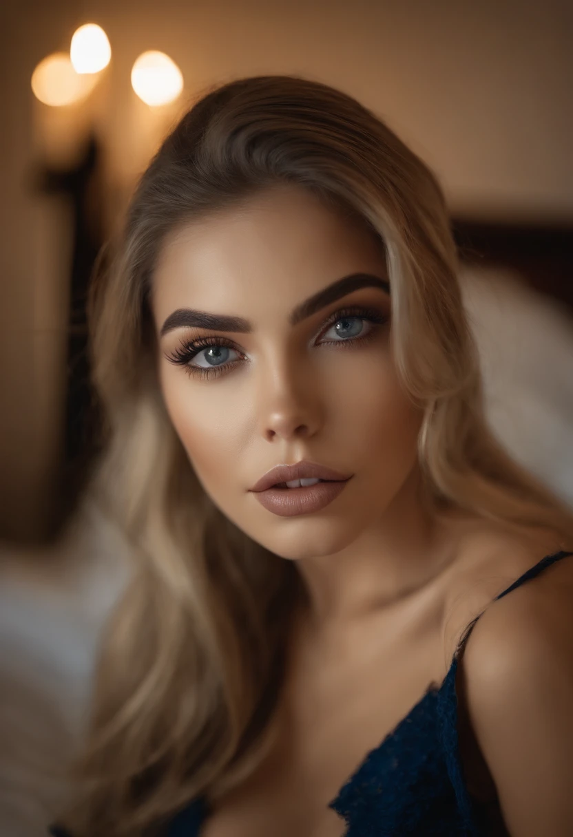 Arafed Mujer totalmente , Chica sexy con ojos azules, ultra realista, meticulosamente detallado, Retrato Sophie Mudd, cabello rubio y ojos grandes, selfie de una mujer joven, Ojos del dormitorio, Violeta Myers, sin maquillaje, Maquillaje natural, staring directly into camera, cara con artgram, maquillaje sutil, Impresionante foto de cuerpo completo arrodillado en la cama, En el dormitorio, Medium to large size bust nude hot