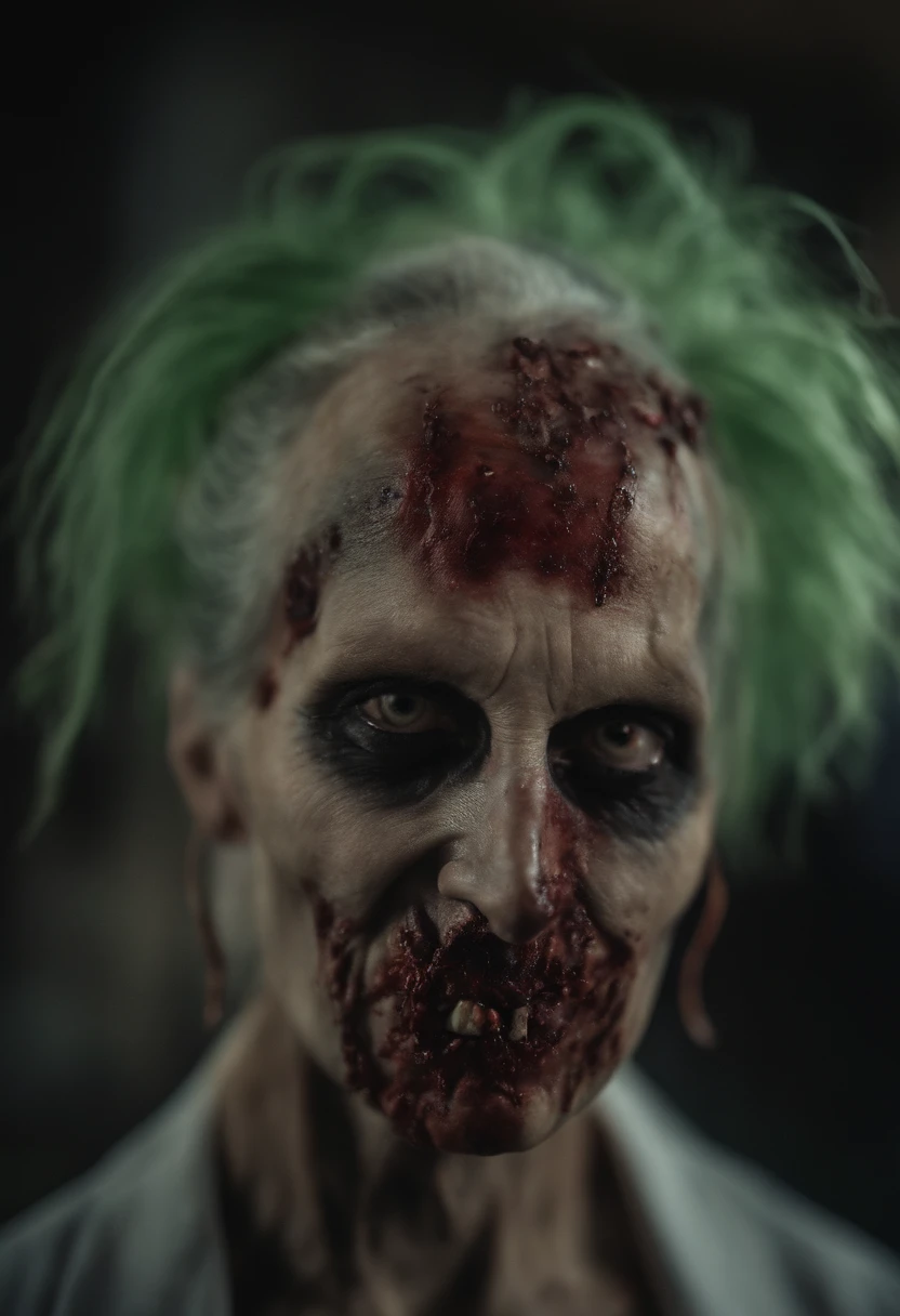 rotten zombie corpse with green hair and red blood