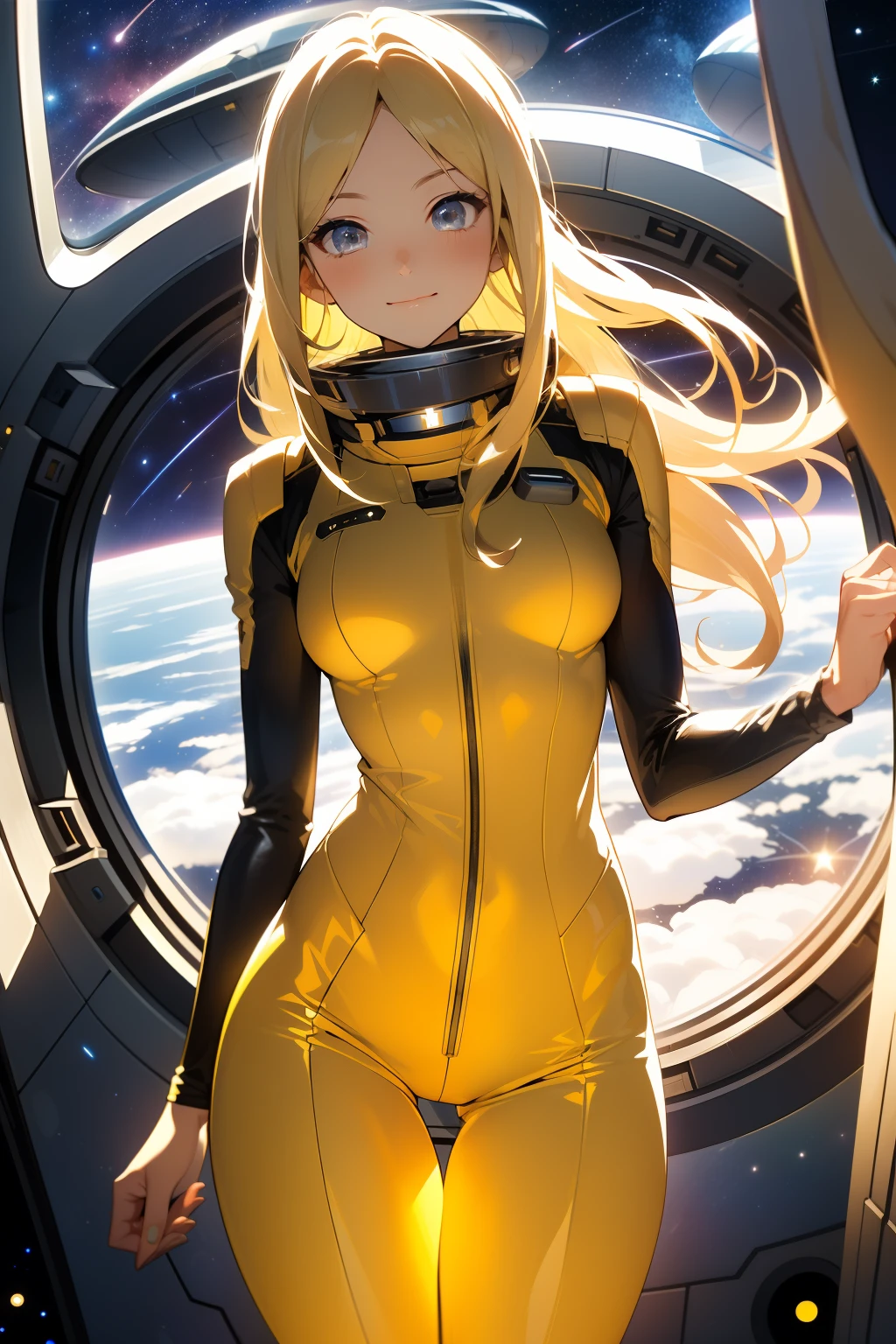 (masterpiece, best quality:1.2), (cowboy shot:1.1), solo, 1girl, mori yuki, slight smile, closed mouth, looking at viewer, blonde hair, thigh gap, yellow bodysuit, skin-tight, perfect body, belt, long blonde hair, large window, (starship porthole:1.3), from front, (spread legs:1.3), (standing:1.1), thigh gap, perfect hands, bright starship interior, (outer space view:1.1), (orbital view:1.3), (night, stary sky:1.5), milky way