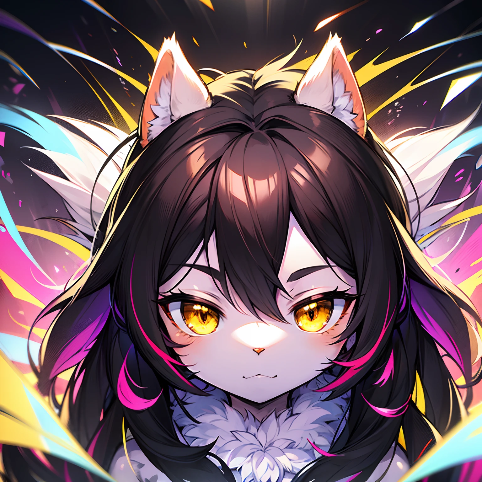 fluffy furry kemono style furry male cat, with vibrant yellow eyes, with white fur, abstract environment, psychedelic and vibrant colors, image of the face, expression of superiority on the face, long black hair, 4k, masterpiece, dark composition, psychedelic lighting