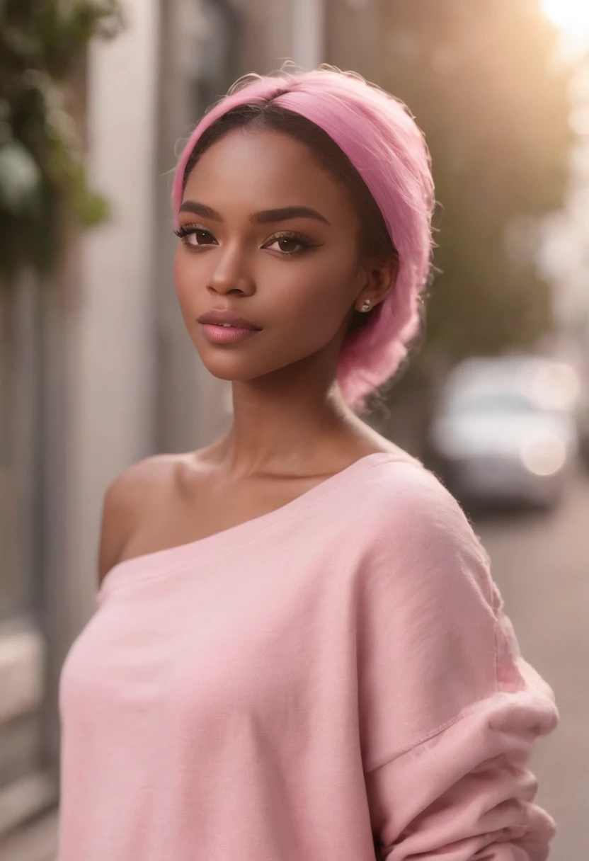 ultra realistic photo, full body, best quality, masterpiece, black woman inspired by Barbie, black skin, beautiful face, wearing jeans: 0.91 and black sweatshirt, realistic smooth skin, ultra realistic skin, pastel neon, night, dynamic lighting, on a street in Rio de Janeiro, (dynamic pose:1.10), (good composition:1.10), (subtle lighting:1.10), (Awarded:1.10), ((breathtaking:1.10:1.35)) , ( πrim-work :1.10), (highly detailed skin:1.2), (filmic grain:0.04), particle effects, __Camera capture_Models/sigma__, NEWS TYPE, speed lines, (perfect handsome young face:1.10) , (Pink :1.10)