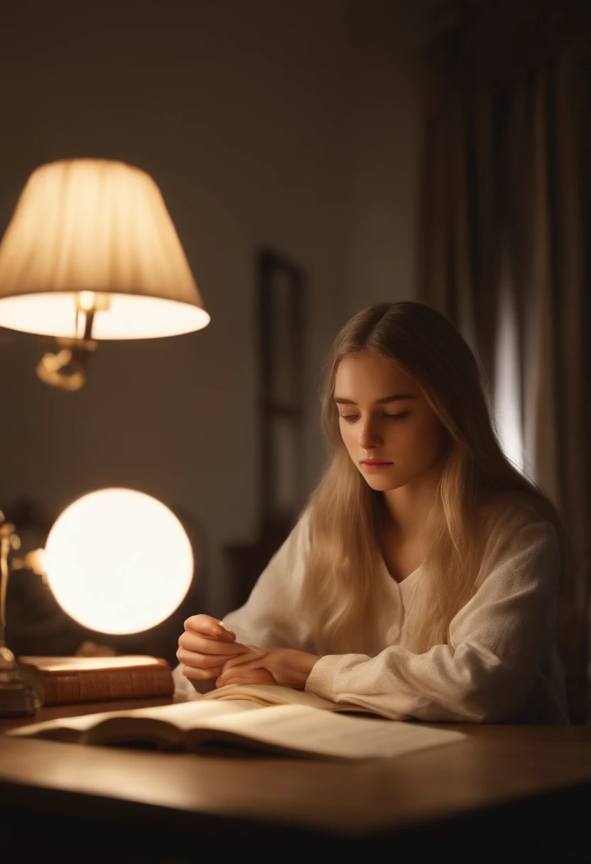 1 girl, long golden hair, short white clothes, 17y, extremely beautiful, sad face, listening to MP3, studying at the table in the bedroom, looking at the book, side perspective of the corner of the room, melancholic atmosphere, mourning atmosphere, apple in the corner the table, low lighting, lamp on the table, realistic high definition, path traced, highly detailed, high quality, 4K, CGSociety, rutkowski, gurney, deactivating lighting