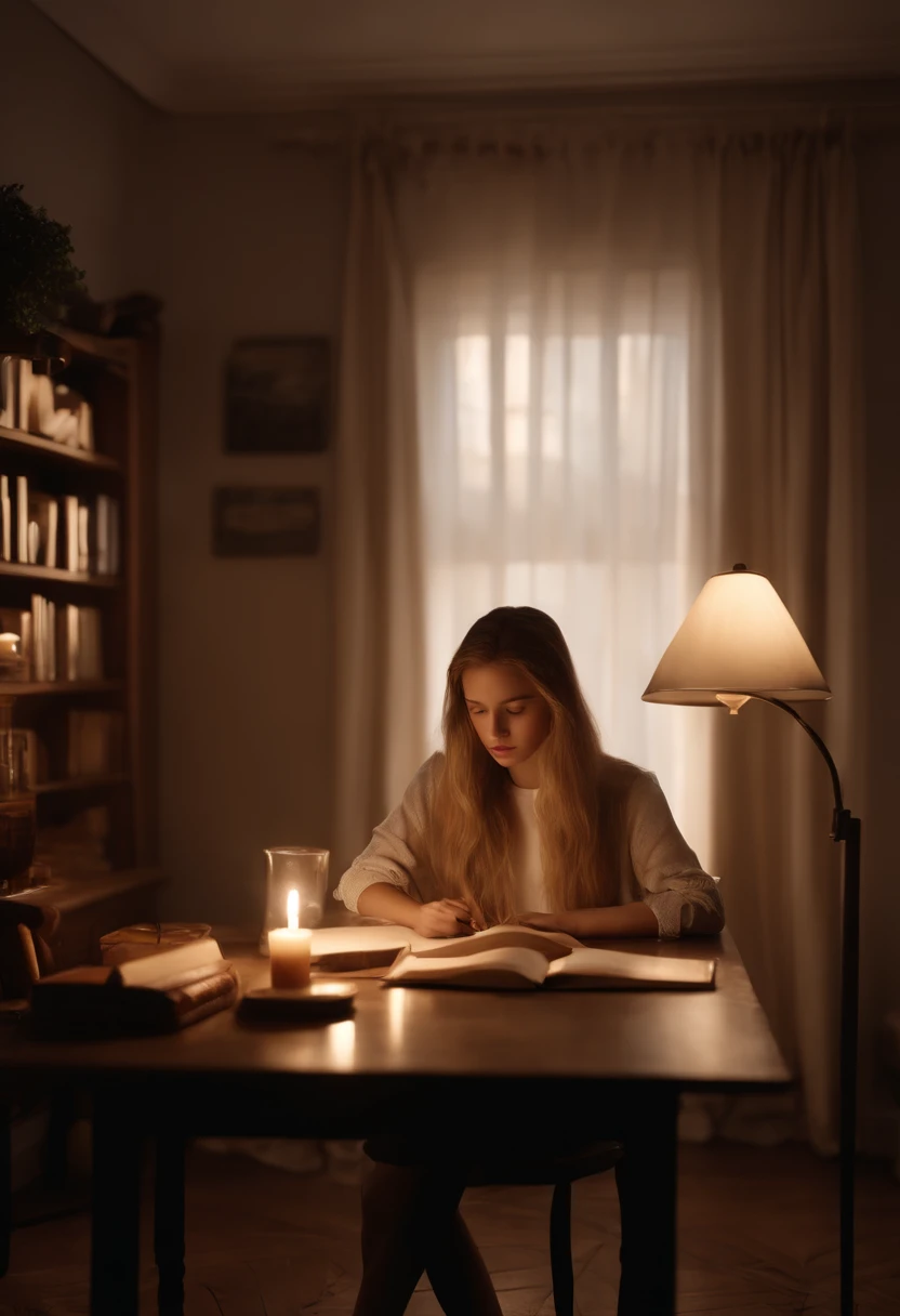 1 girl, long golden hair, short white clothes, 17y, extremely beautiful, sad face, listening to MP3, studying at the table in the bedroom, looking at the book, side perspective of the corner of the room, melancholic atmosphere, mourning atmosphere, apple in the corner the table, low lighting, lamp on the table, realistic high definition, path traced, highly detailed, high quality, 4K, CGSociety, rutkowski, gurney, deactivating lighting
