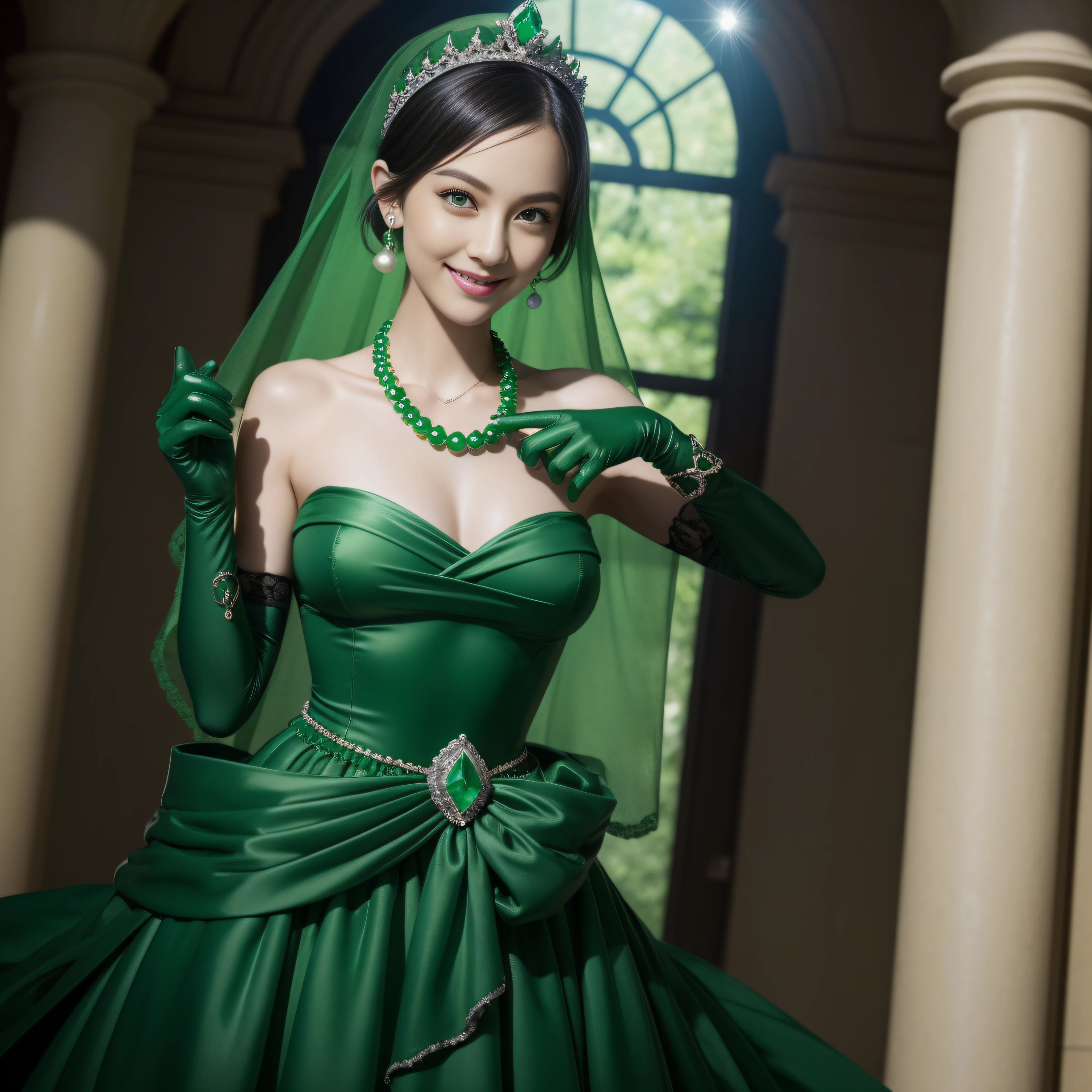 emerald tiara, Green Pearl Necklace, Boyish very short green hair, lipsticks, Japan woman smiling, very short short hair, big breasts beautiful, Green eyes, Long green gloves made of satin material, Green eyes, Emerald Earrings, Green dress