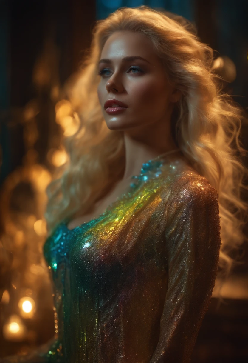 belle femme blonde, with wax dress melting and dripping on the body (Masterpiece: 1.2), (Best quality), 4K, Ultra-detailed, (composition dynamique: 1.4), highly detailed, colorful details, (iridescent colors: 1.2), (glowing lighting, atmospheric lighting), dream-like, magique, (seulement: 1.2)