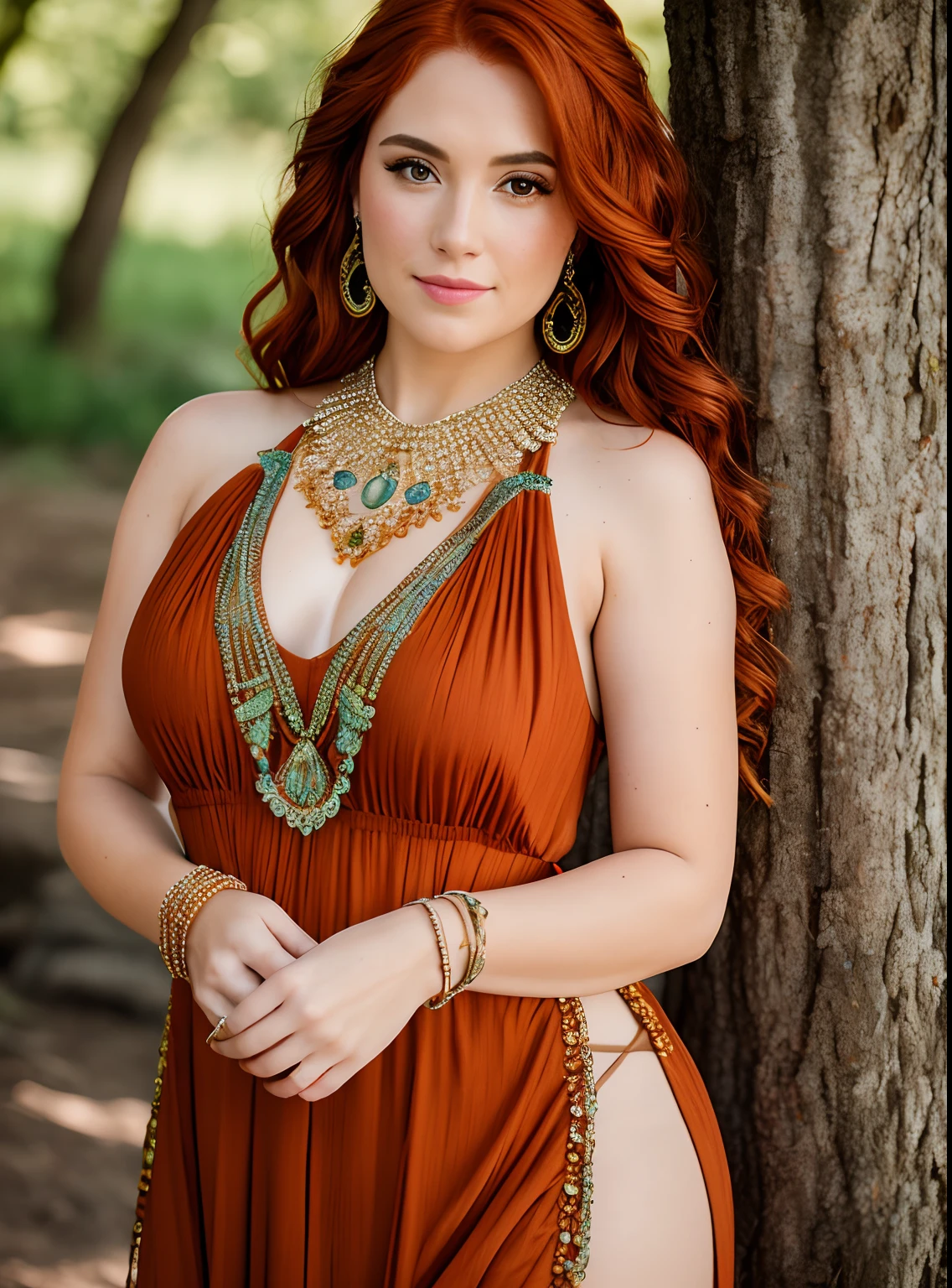 (Fujifilm XT3 35mm), Portrait photo of a Beautiful woman with auburn hair wearing an intricate halter dress, wearing jewelry, detailed, 8k uhd, dslr, high quality, film grain, (sharp focus:1.1)