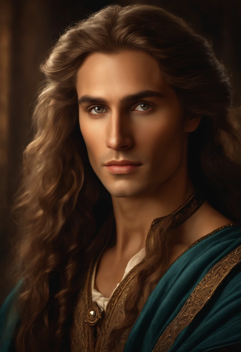 (realistic,highres) detailed face portrait of a historical figure, finely painted oil, realistic lighting, intense expression, intricate features, aged appearance, wise eyes, strong jawline, long flowing hair, historical attire, majestic background, reminiscent of the Renaissance, dramatic lighting