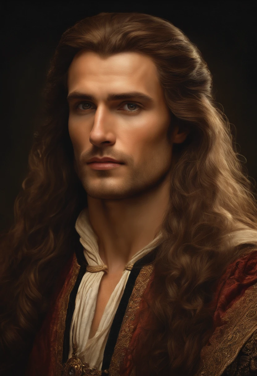 (realistic,highres) detailed face portrait of a historical figure, finely painted oil, realistic lighting, intense expression, intricate features, aged appearance, wise eyes, strong jawline, long flowing hair, historical attire, majestic background, reminiscent of the Renaissance, dramatic lighting