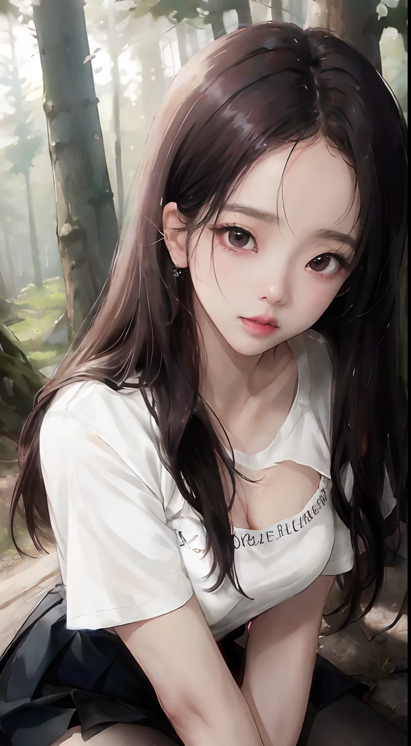((Jisoo from Blackpink)), t-shirt, tiny pleated skirt, cleavage thighs, black pantyhose to the waist, high heels, close-up from thighs to face, very fair skin, very long hair, wavy hair, camp, forest , photorealistic, indirect lighting, volumetric light, ray tracing, hyper-detailed, best quality, high resolution, HDR, 8k