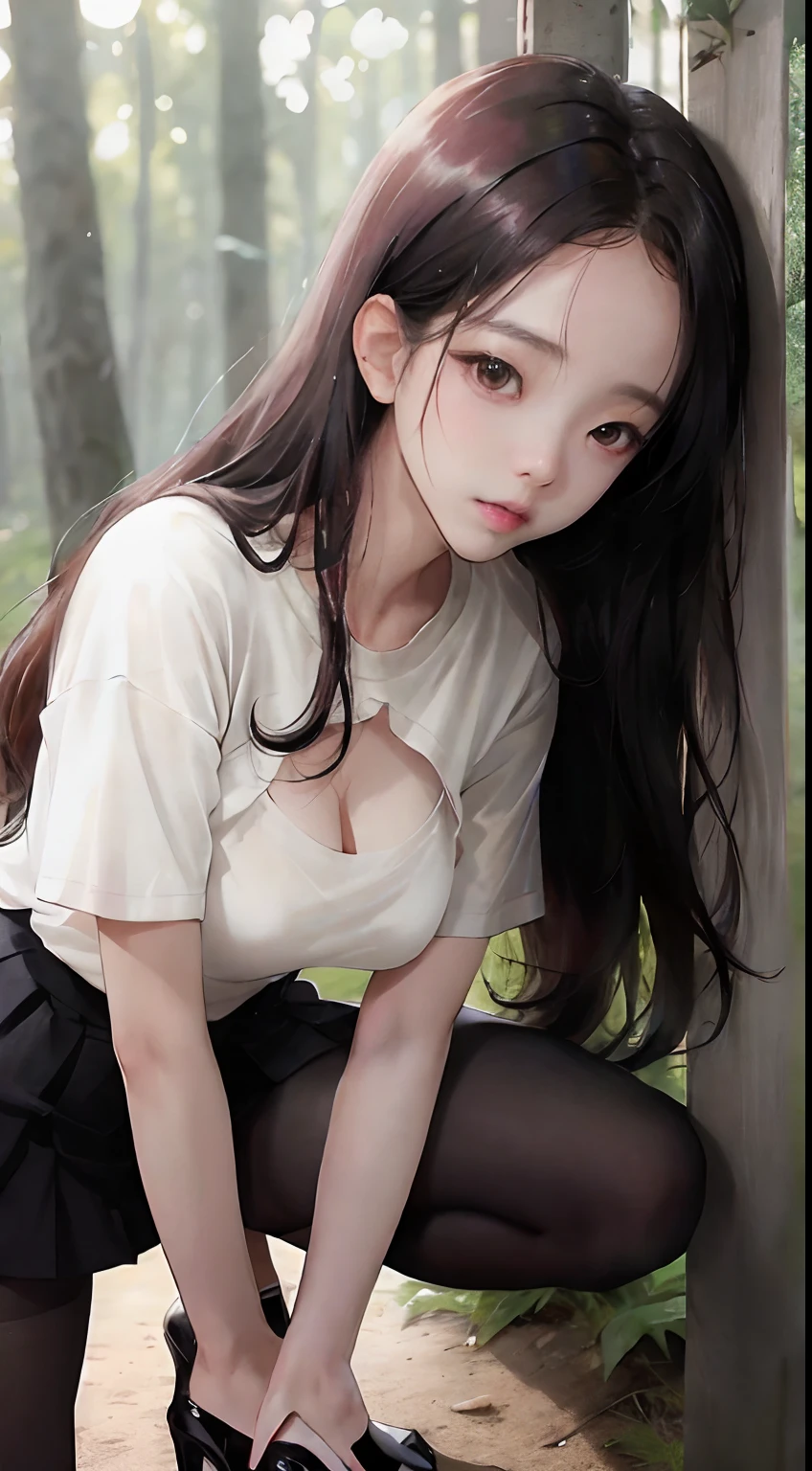 ((Jisoo from Blackpink)), t-shirt, tiny pleated skirt, cleavage thighs, black pantyhose to the waist, high heels, close-up from thighs to face, very fair skin, very long hair, wavy hair, camp, forest , photorealistic, indirect lighting, volumetric light, ray tracing, hyper-detailed, best quality, high resolution, HDR, 8k