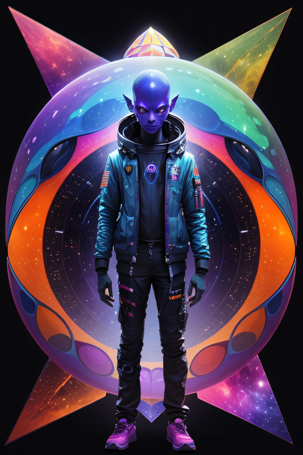 a psychedelic alien who discovers the universe in his complex geometric space shuttle