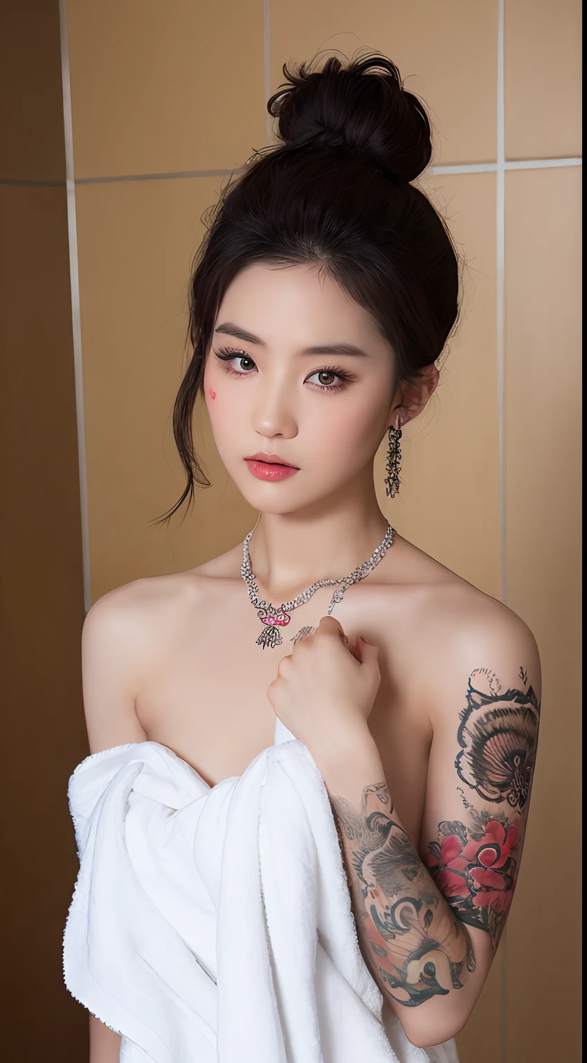 ((Best quality, 8k, Masterpiece :1.3)), Sharp focus :1.2, Chinese women's with Tattoos ((38years old)) Black red hair.messy Bun. Necklace. Earrings((Wrapped in a towel. Bare Shoulder)), In the bathroom((half Body photo))_mix4, 20d,Hiper-realistis:1.37),16K HD, perfeck body beauty:1.4. Slender ABS:1.2 .. Detailed texture of tattooed skin. Tattooed neck. Tattooed hands
