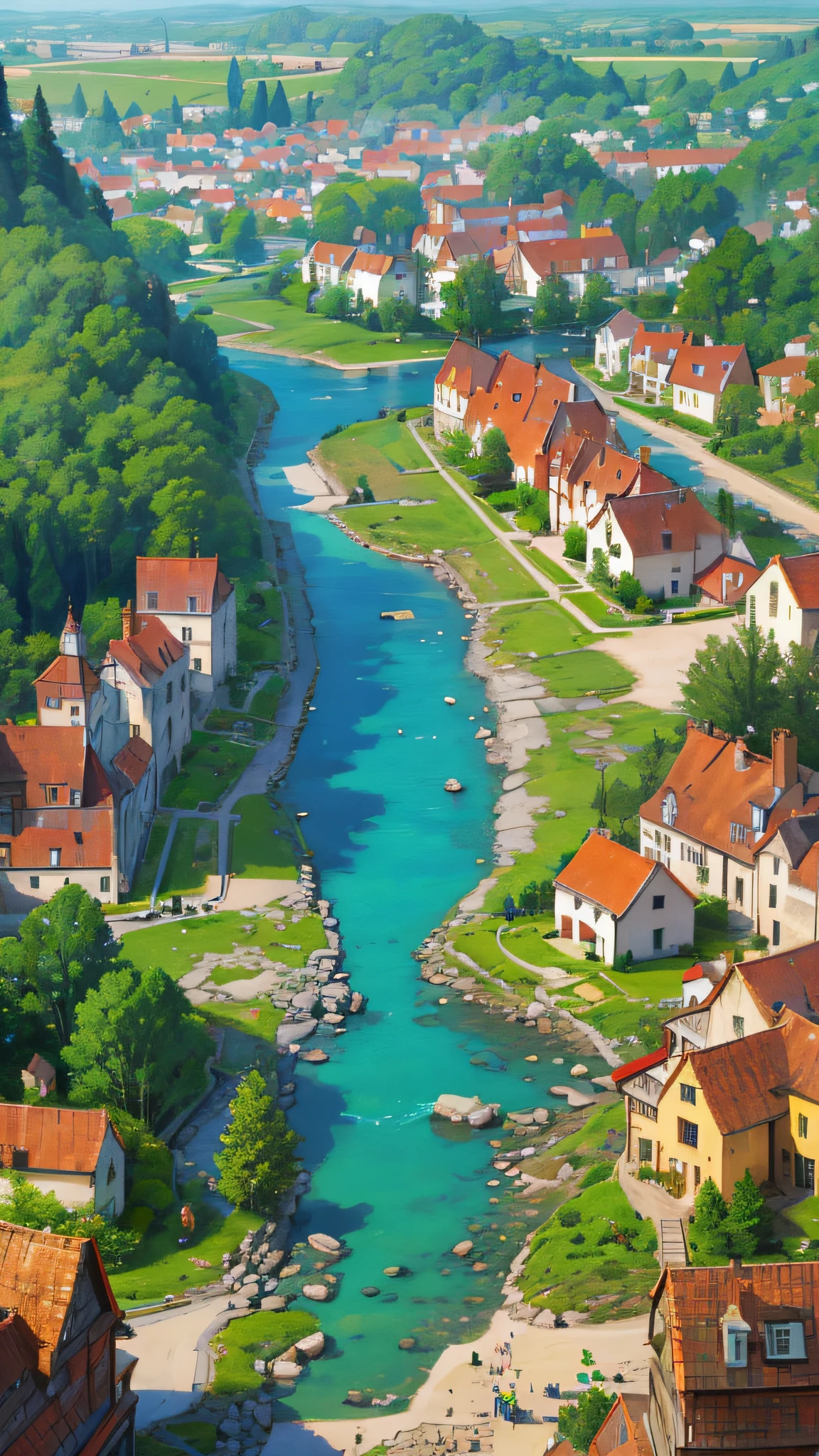 medieval village, river on the middle of the picture, pixel art, pixel,