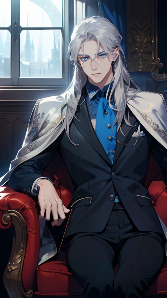 masterpiece, best quality, realistic, 1man, mature male, quiet and charming young man, 25 years old, serious look, extremely detailed face, ((ice blue eyes)), ((long sliver hair)), [thick eyebrows], emperor, detailed background, ((suit)), cinematic lighting, looking at the audience, posture dynamics, smirk, blue cape, black suit, black pants, (Silver-haired, blue-eyed man, relaxing on the sofa by the window, :1.5), (masterpiece, top quality, best quality, beautiful illustration, official art, wide angle, beautiful and aesthetic,1 man,:1.5), Masterpiece Background Midnight, Darkness, Dark Room, Dark tone, castle, castle windows, Moonlight, (Moonlight Only: 1.5), Invincible Smile, Bewitching