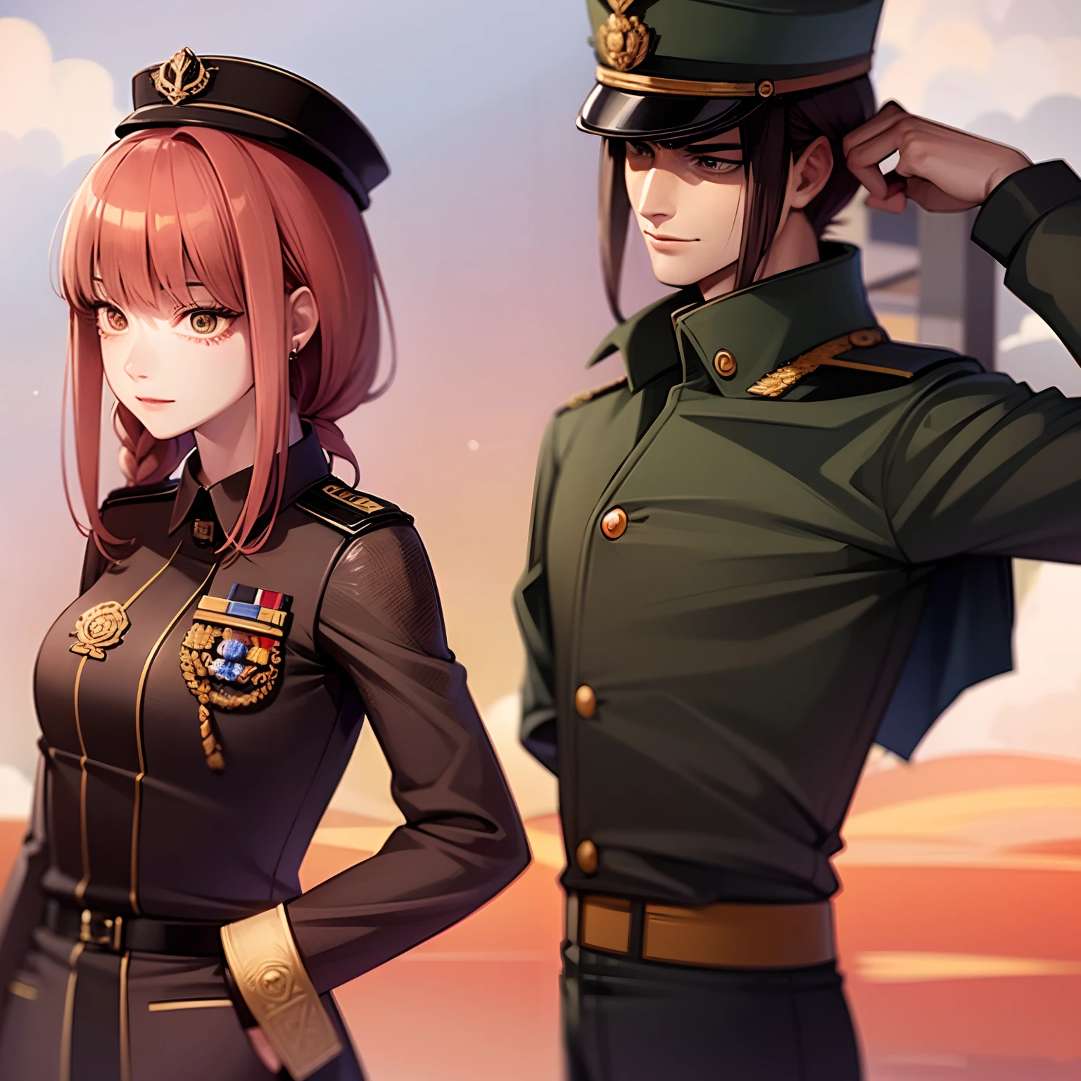 Make an art of the character makima from the anime 
chainsaw man in a World War II general's uniform, Wearing a World War II hat, with the symbol on the arm, em uma cidade.