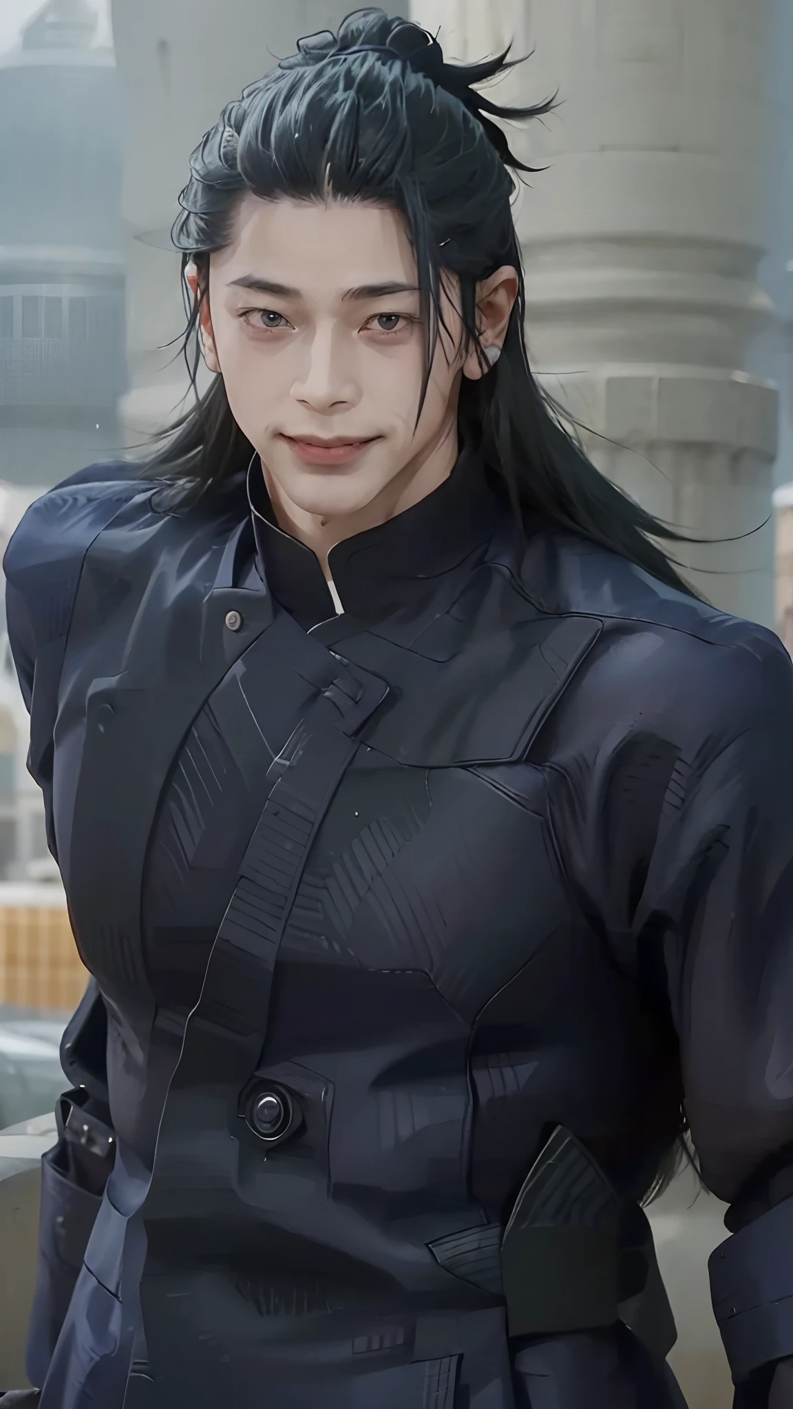 1man, geto suguru in anime jujutsu kaisen, long hair , black hair, black eyes, handsome, smile, black clothes, realistic clothes, detail clothes, city background, ultra detail, realistic