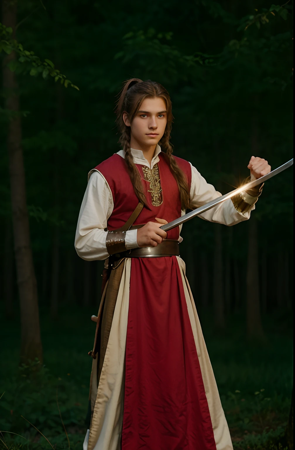guy, medieval clothes, holding a sword, sparking, long light brown hair, low ponytail, holding a sword, green eyes, forest background, nighttime