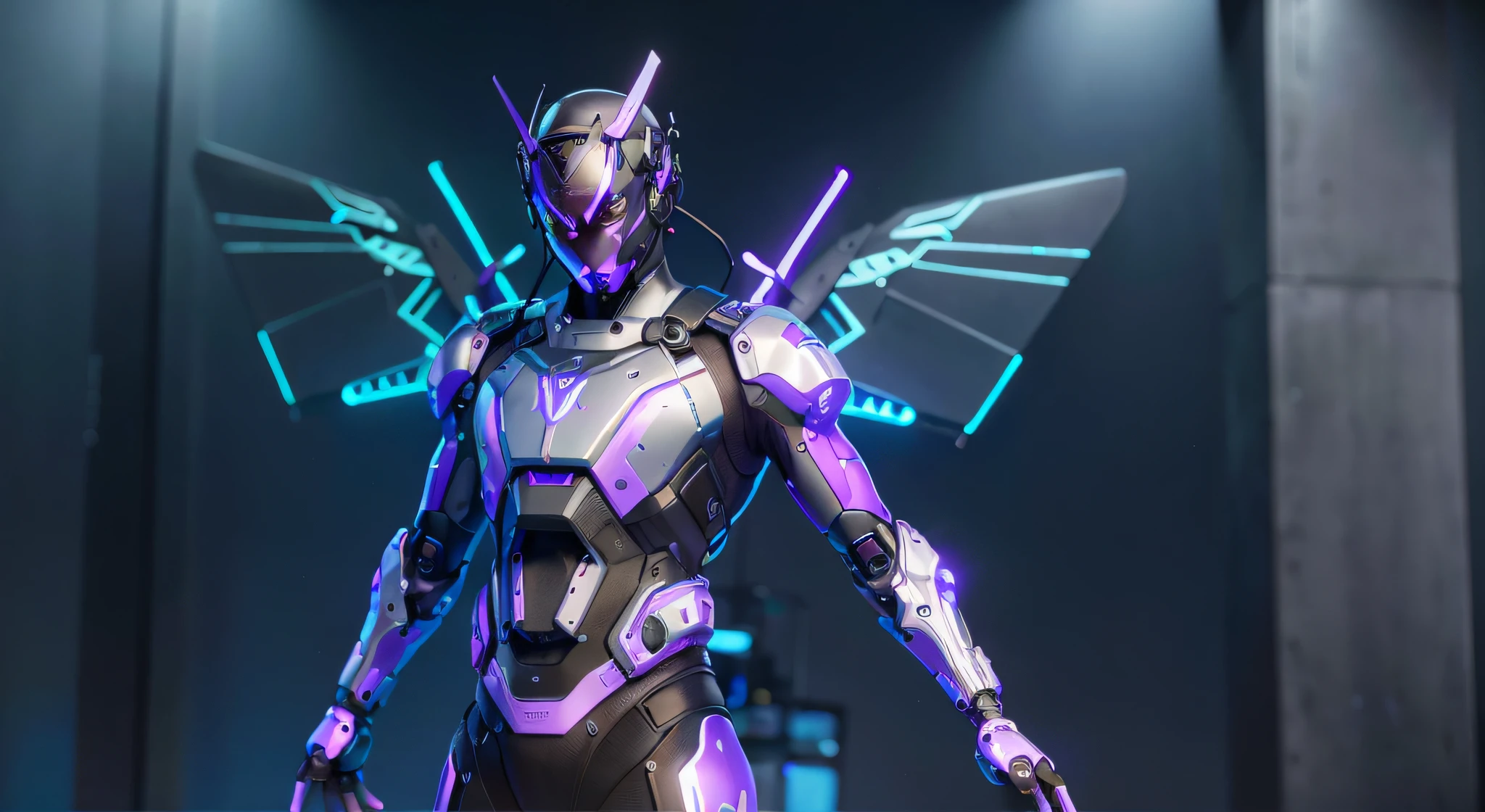 MALE. MAN. MAN. MALE..wings leds, divine paradise. neon blue and Purple butterfly wings leds. heavenly illumination. God. Holy robotic. levitating. Position of god. Deitado na cama. strong, robust and masculine body. fat arms. Position of divinity. Floating. divine statue, pedestal, holy pedestal. levitating. masterpiece, best quality, a close up of a futuristic looking cyborg man with a fantastic cyber helmet head with blue and Purple triangle led lights and a halo, full body, dancing. dance. synthwave ballad. silver pants. wearing a blue and Purple techwear jacket, white church in background. jump, full body, robotic legs. divine statue, pedestal, holy pedestal. neon blue and Purple butterfly wings leds. MASCULINE. MALE MASCULINE. Boy Muscular
