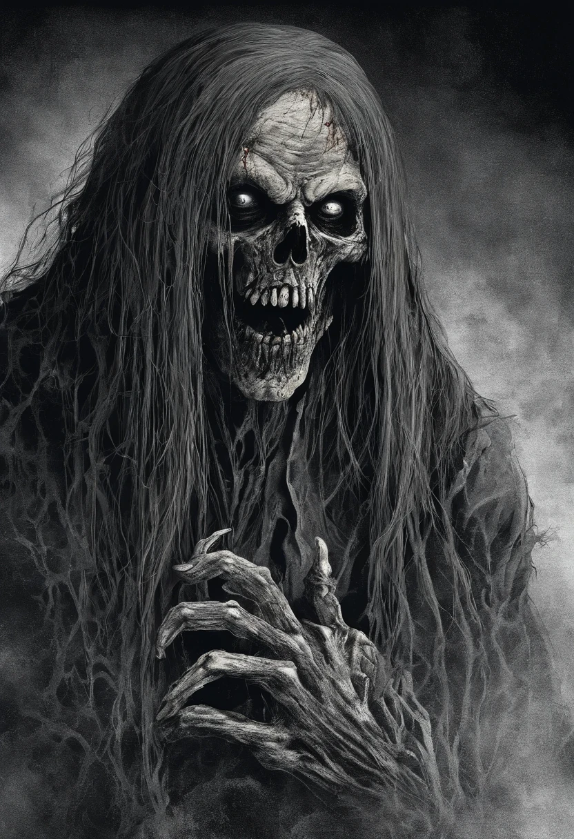 eating rotten zombie with long hair