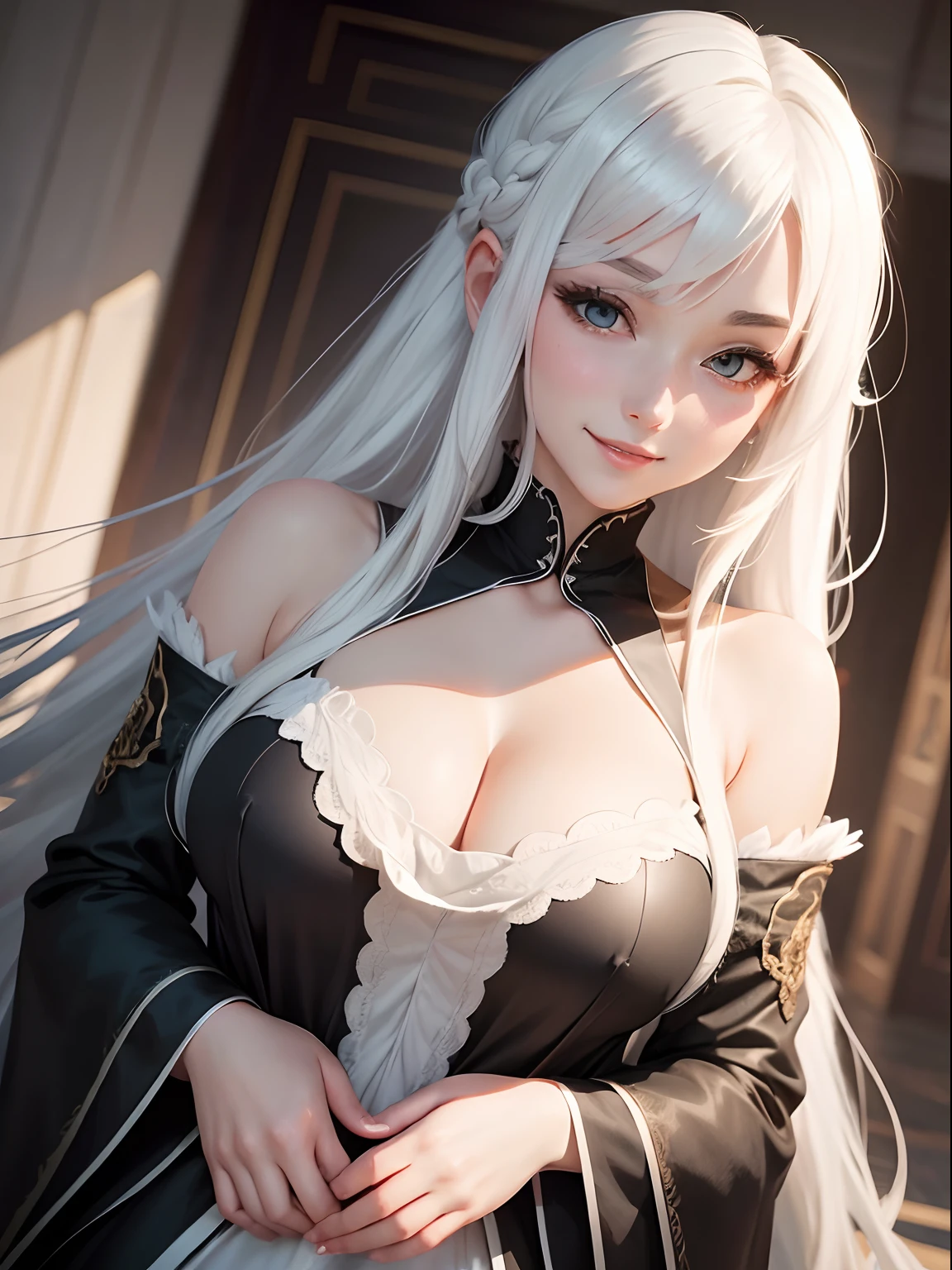 anime woman, young woman, (solo), (1 girl), long white hair, black dress, fancy simple dress, white haired lady, grinning lasciviously, perfect young woman, well-behaved clothes, gentle face, wearing aristocrat robe, motherly looking