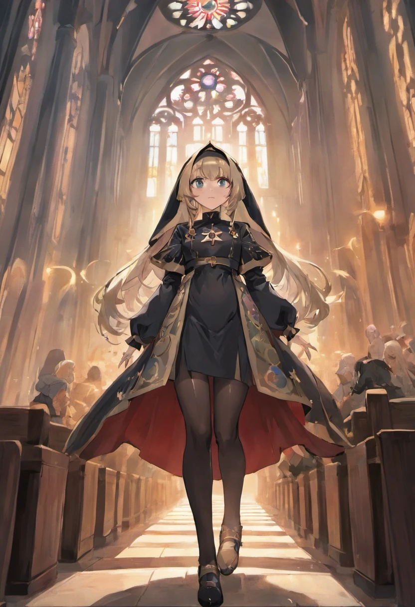 a picture of a steampunk (1)nun in a church, wearing sexy nun habit, wearing black pantyhose, (best detailed face:1.3), ultra feminine: 1.3), dynamic hair, long hair, wavy hair, blue eyes, intent eyes, wearing high heeled boots, photorealistic, 16k, RAW, award winning, (best detailed: 1.5), masterpiece, best quality, (best detailed: 1.3), full body, ultra wide shot,