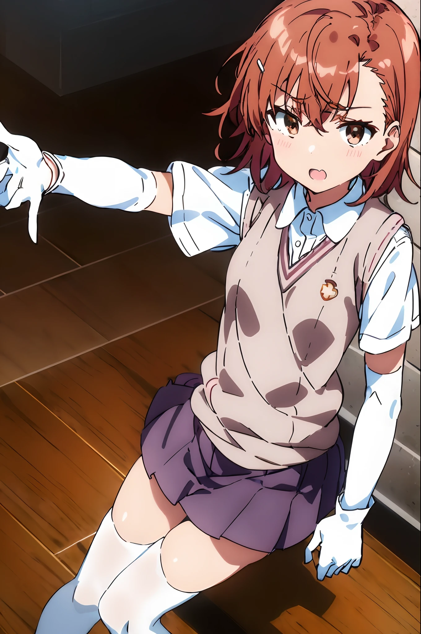 misaka_mikoto, 1girl, (tokiwadai school uniform, sweater vest, short sleeves, white gloves, elbow gloves, pleated skirt, white thighhighs)