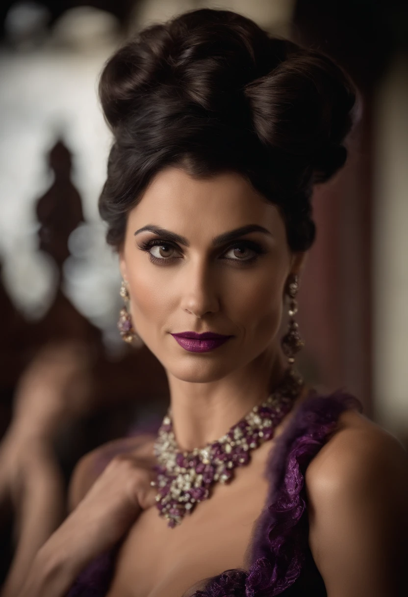 (High definition), Encaixe-se na imagem, Morena Baccarin behind, ((())), (no centro), BDSM, peito firme e alto, (((bunda gourgeous))), (trela), escravo, (((algema))), Palco no Carnevale, (pale), (cabelo curto bobcut), (((franja))), colarinho de escravo, (purple bow in hair),