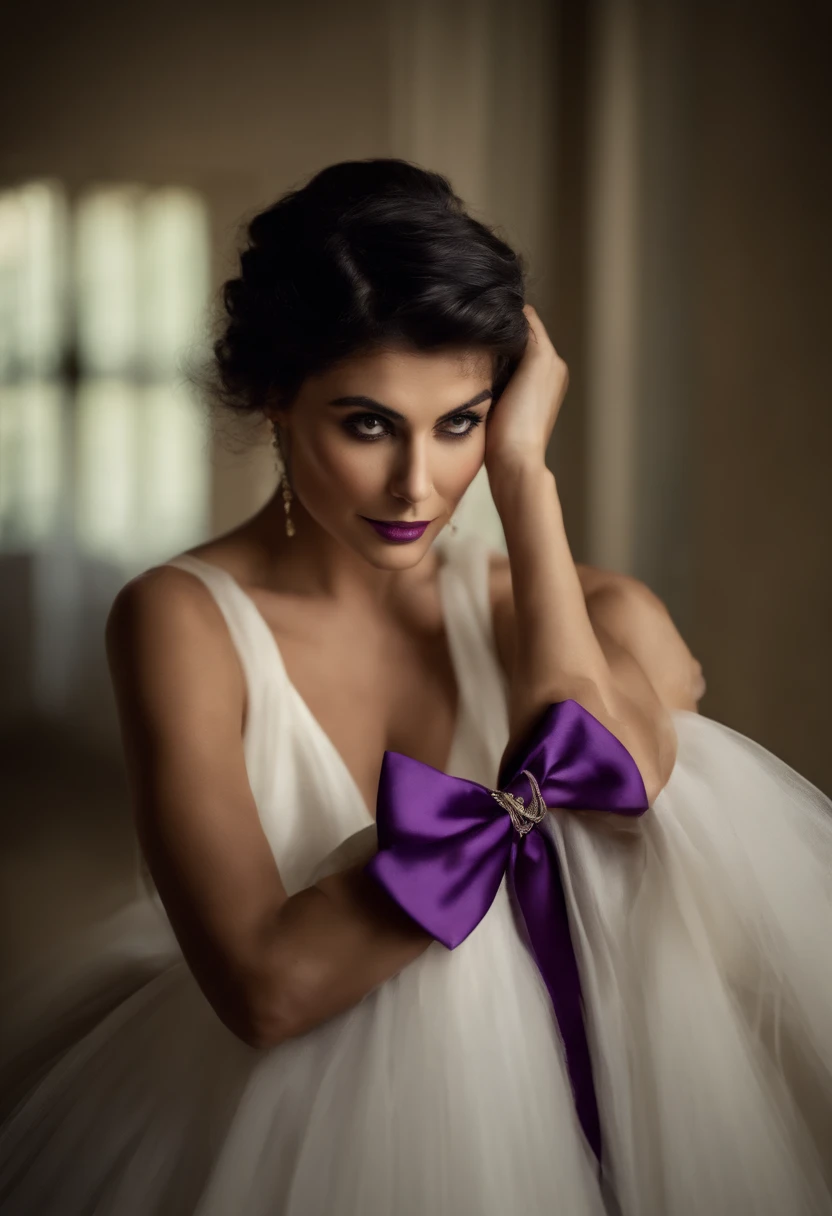 (High definition), Encaixe-se na imagem, Morena Baccarin behind, ((())), (no centro), BDSM, peito firme e alto, (((bunda gourgeous))), (trela), escravo, (((algema))), Palco no Carnevale, (pale), (cabelo curto bobcut), (((franja))), colarinho de escravo, (purple bow in hair),