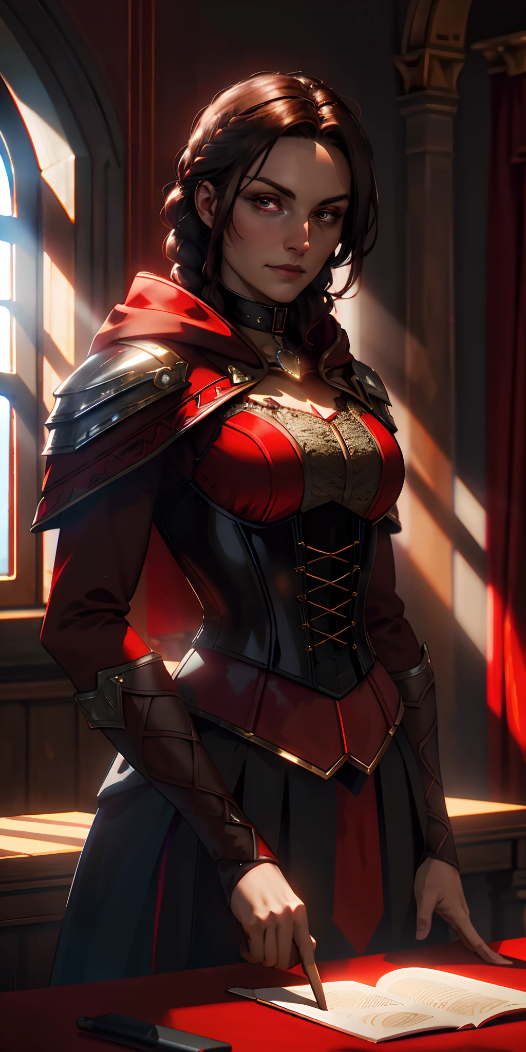 upper body of paladin lady in red royal garments wearing hoodie, black collar, pauldrons, corset, single braid, brunette, brown eyes, bright pupils, eye focus, red cape, indoors old house, night, particles, window light beam, chromatic aberration, Ak-47 on the table