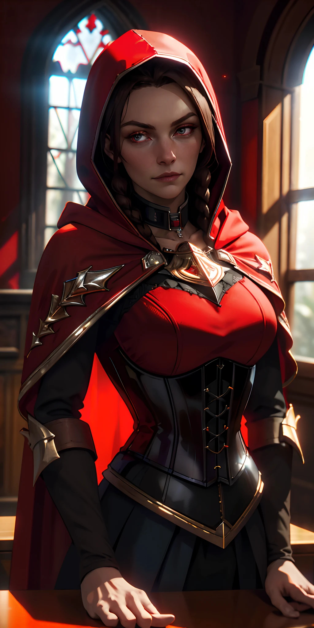 upper body of paladin lady in red royal garments wearing hoodie, black collar, pauldrons, corset, single braid, brunette, brown eyes, bright pupils, eye focus, red cape, indoors old house, night, particles, window light beam, chromatic aberration, Ak-47 on the table