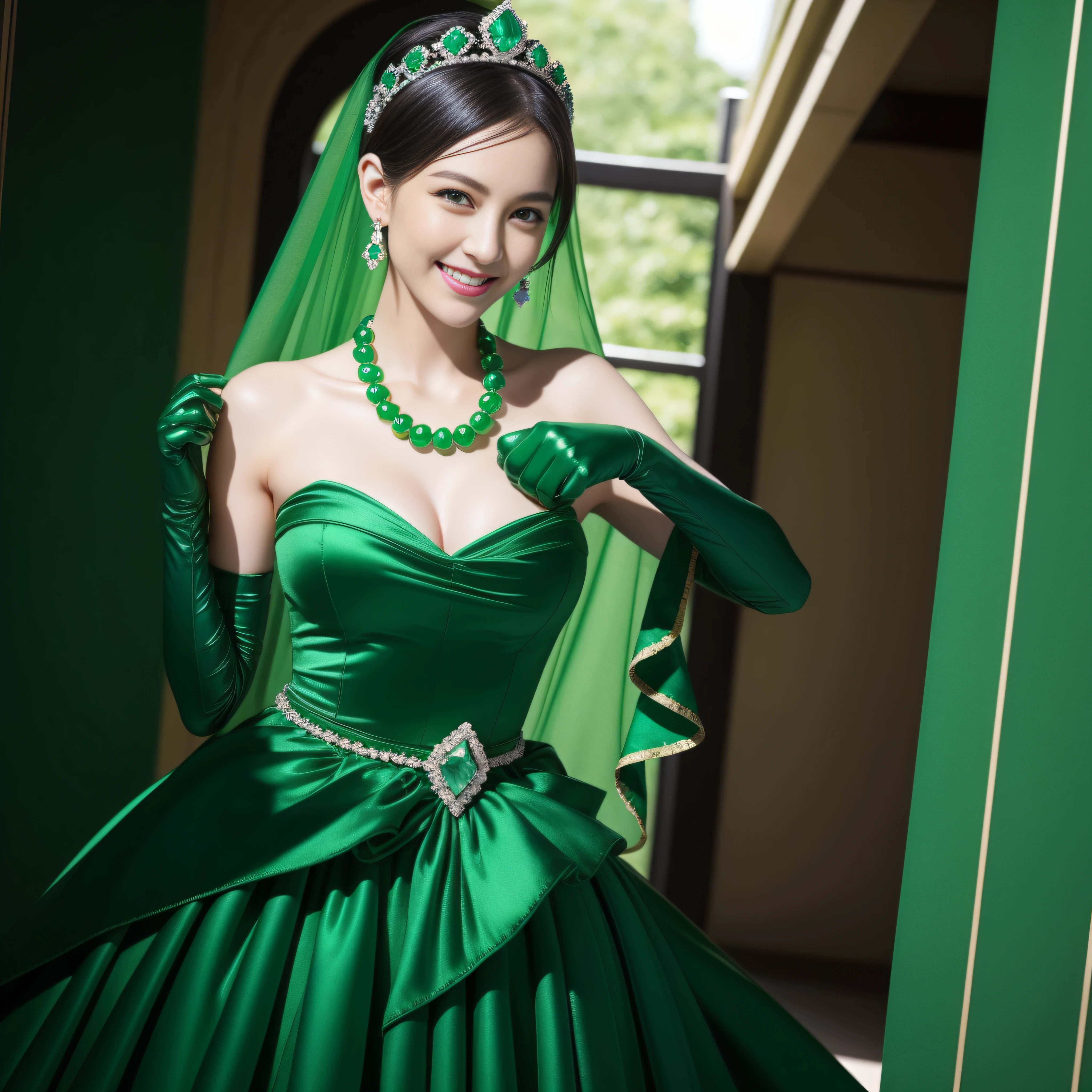 emerald tiara, Green Pearl Necklace, Boyish very short black hair, lipsticks, Japan woman smiling, very short short hair, big breasts beautiful, Green eyes, Long green gloves made of satin material, Green eyes, Emerald Earrings