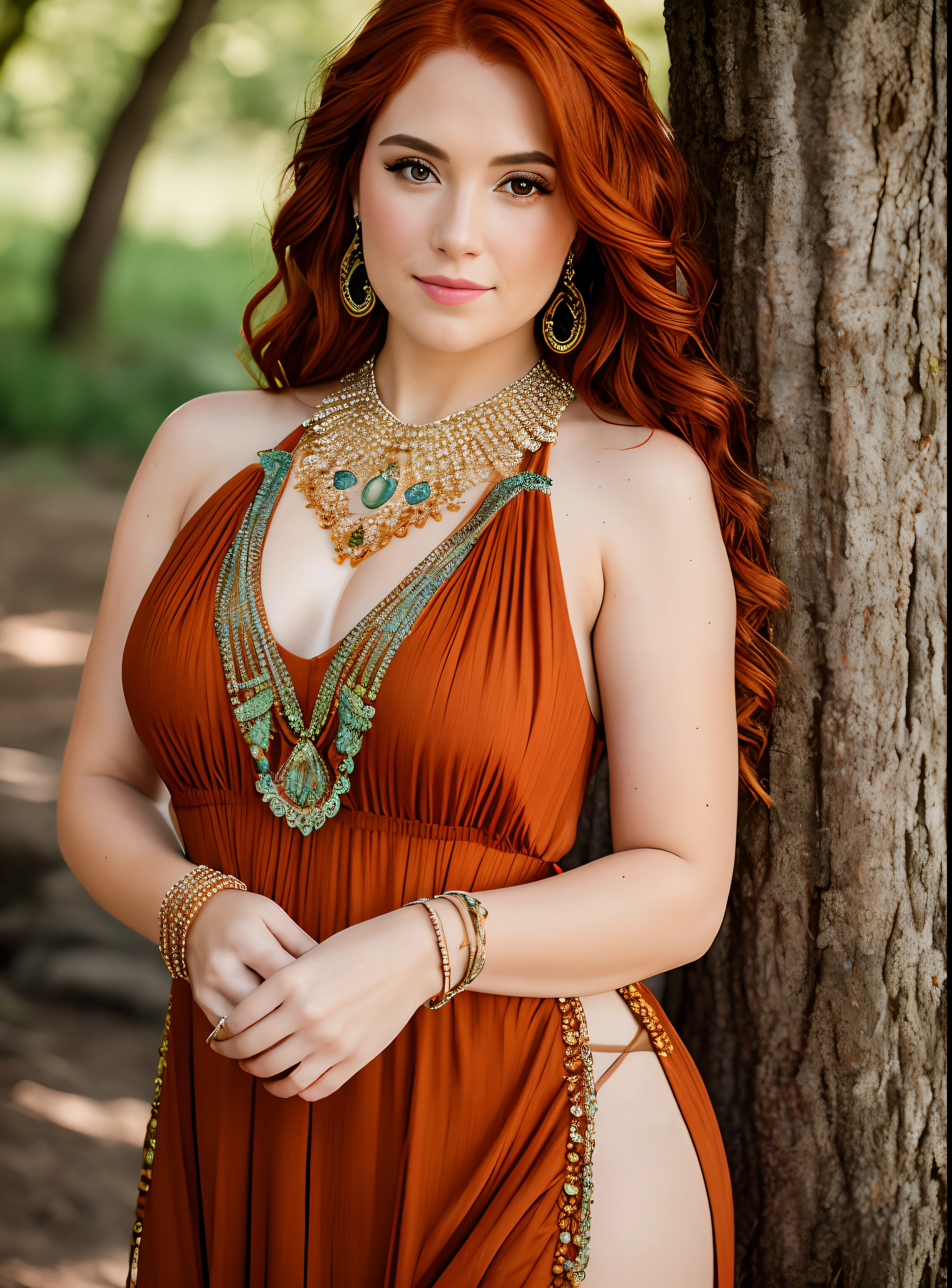 (Fujifilm XT3 35mm), Portrait photo of a Beautiful woman with auburn hair wearing an intricate halter dress, wearing jewelry, detailed, 8k uhd, dslr, high quality, film grain, (sharp focus:1.1)