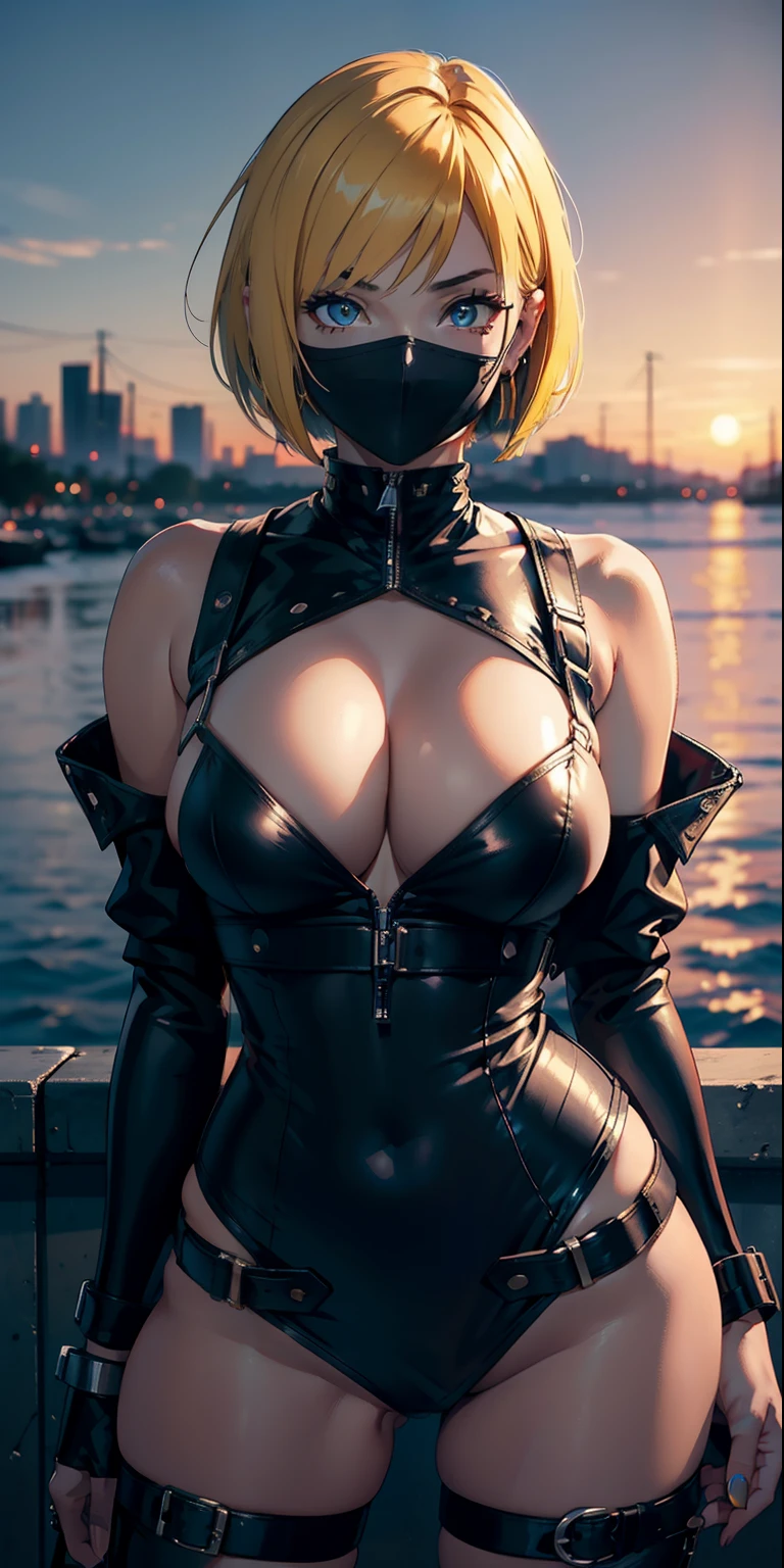 Masterpiece, 8k, highly detailed, 28 years old female kunoichi, bob cut hair, black mask covering month, tight leather top revealing  and her back, bracelet till her forearm, large earings, big breast, d naval, miniskirt with fishnet underneath, high heels boot, yellow hair, top to bottom view, trending on pixiv, cinematic, sunset backdrop, bluesky,