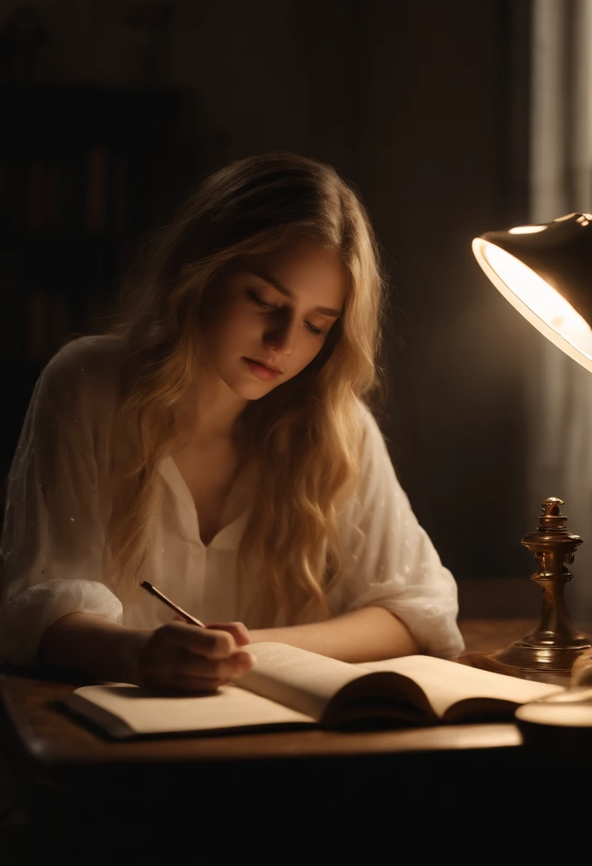 1 girl, long golden hair, short white clothes, 17y, extremely beautiful, sad face, listening to MP3, studying at the bedroom table, looking at the book, view from the corner of the table, melancholic mood, mourning mood, apple on the corner of the table , dark bedroom, lamp on the table, realistic high definition, traced path, highly detailed, high quality, 4K, CGSociety, rutkowski, stretcher, lighting deactivation