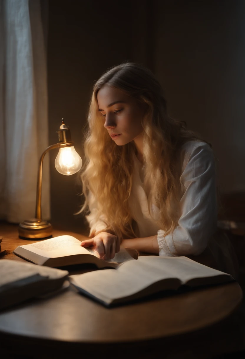1 girl, long golden hair, short white clothes, y, extremely beautiful, sad face, listening to MP3, studying at the bedroom table, looking at the book, view from the corner of the table, melancholic mood, mourning mood, apple on the corner of the table , dark bedroom, lamp on the table, realistic high definition, traced path, highly detailed, high quality, 4K, CGSociety, rutkowski, stretcher, lighting deactivation