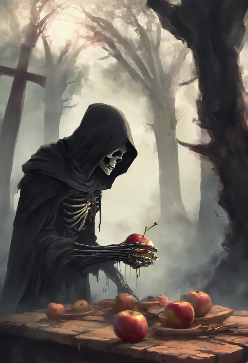 the grim reaper eating a apple