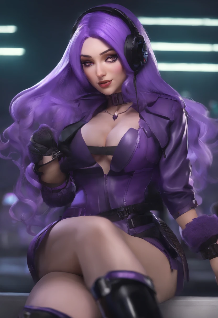 There is a woman with purple hair and a purple outfit posing, Quarto de masmorra de couro roxo, Capturado na Canon EOS R 6, renderizado em sfm, fofosexyrobutts, Yuri Misaki, gadget hackwrench, 8k arte detalhada de alta qualidade, noire cena mal-humorada, shalltear from overlord, wlop pele brilhante, pele roxa lisa, oppai cyberpunk