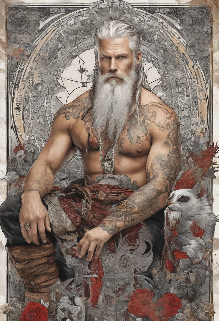 Home White hair shirtless tattooed male Viking shaman , tem tatuagens vermelho brilhantes
