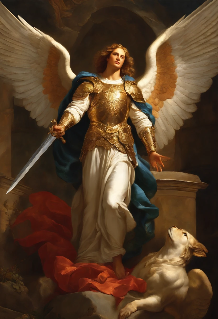 male character, Archangel Michael, Astronomical Imagery, intricate detailes, realist, Rosa and big wings, Angelic background, Catholic illustration image of the Archangel Michael, Male characters in the Bible, Michael wears angel armor, cosmic background, Archangel and background illumination, Full-body image of an angel, Maximum detail and his angelic face and wings, Realistic perfect skin, The highest image quality, Miguel He is highlighted in the image in strong and flashy colors.