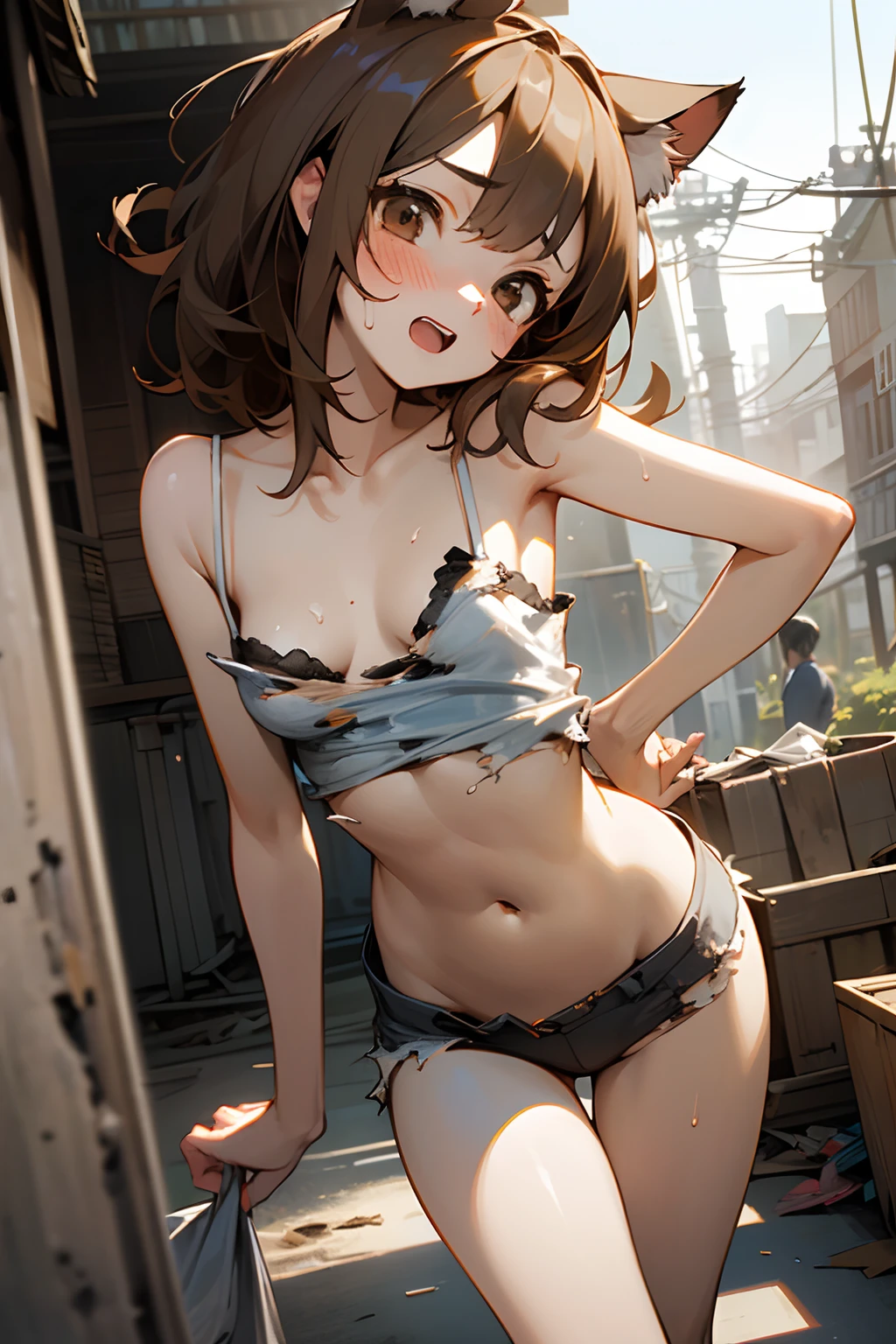 ((Masterpiece)), (Professional Photography:1.2), (High Definition:1.3), best quality, 8K, from below, wide shot, Textured skin, cinematic lighting, ((exposed slender stomach, dropping undressing slovenly)), 1girl, (Cute teenage beautiful Girl, beautiful brown eyes)、details of Very messy medium hair、((dirty and very torn white-camisole))、blush and innocent laugh、Open mouth wide、Slender and small breasts, sweaty、Beautiful small breasts、Cat ears, Pale brown hair, ((walking with legs spread wide, asian Slum townscape))