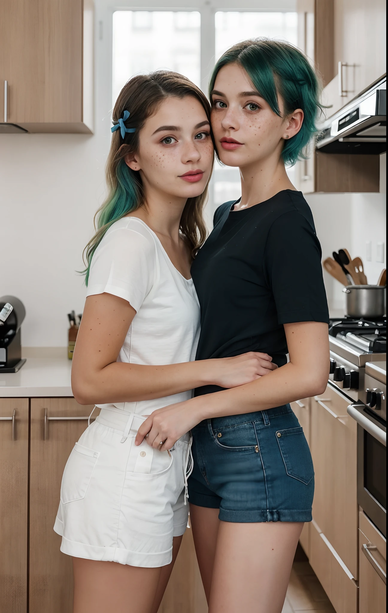 8k uhd quality, (high quality,: 1.9), high resolution, (ultra realistic: 1.9), great photo, like in real life, (photography render: 1.9), realistic optical physics, light shadows, (beautiful Ukrainian girl: 1.9), (strange fluffy hair: 1.9), green and blue hair, bow on hair, a realistic representation of the face, (large eyes: 1.5), thick eyebrows, normal ears, (plump lips: 1.5), snub nose, (acne: 0.5), (moles and freckles: 1.1), detailed skin, plump cheeks, (perfect face: 1.7), thin neck, five fingers, normal fingers, (open mouth: 1.3), short shorts, fashion clothes, muscular pelvis, skinny collarbone, triangular boobs, full body view, (hourglass body: 1.9), (short stature: 1.9), (daughter hugs mom from behind: 1.5), mother and daughter, two girls stand, realistic kitchen, correct women physiology