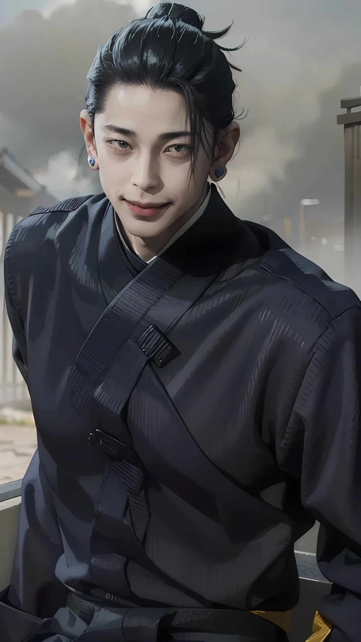 1man, geto suguru in anime jujutsu kaisen, short hair , black hair, black eyes, handsome, smile, black clothes, realistic clothes, detail clothes, city background, ultra detail, realistic