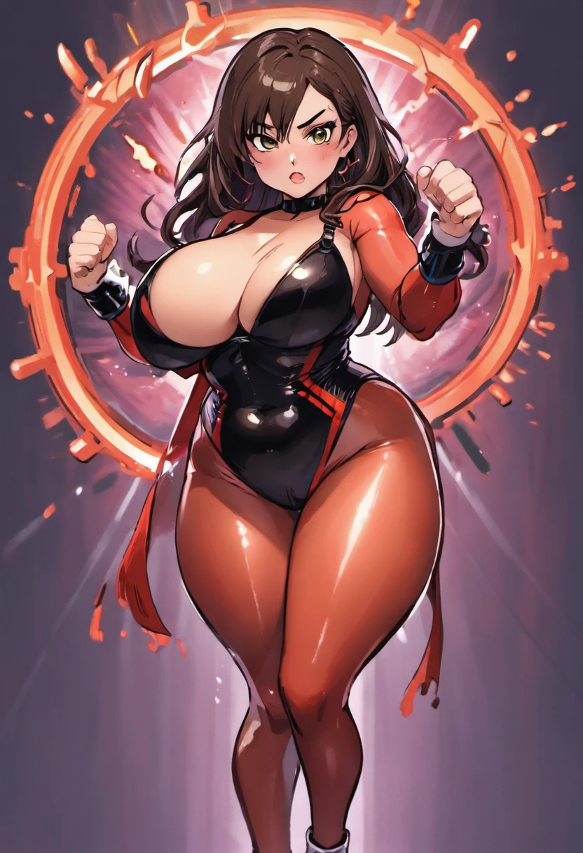 femme brune curvy aux gros seins en combinaison en latex moulante