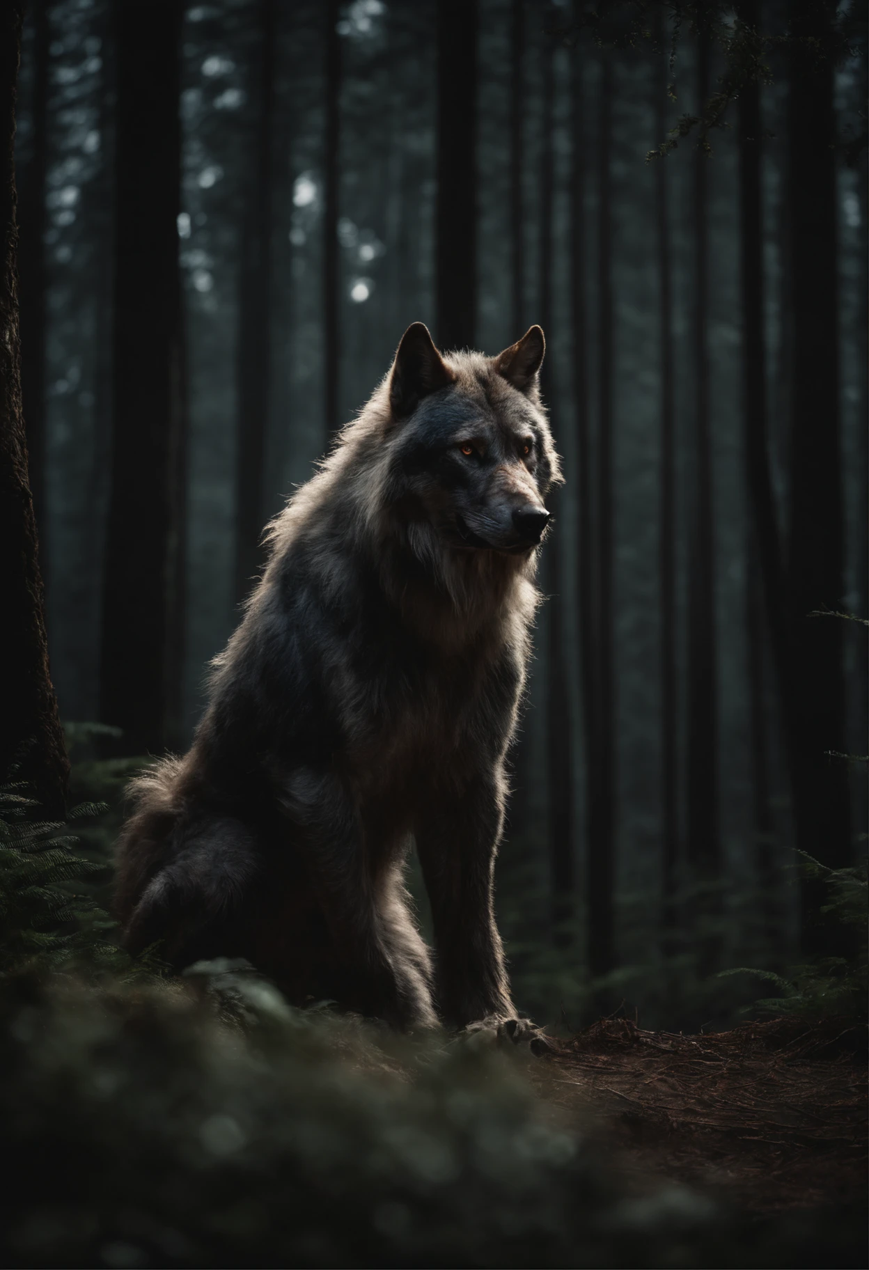 big hairy werewolf , realistic, high resolution, quality look, claws, menacing, brutal, feral ,not intelligent, powerful, no necklace, stalking beautiful woman, forest clearance , illuminated by moon,