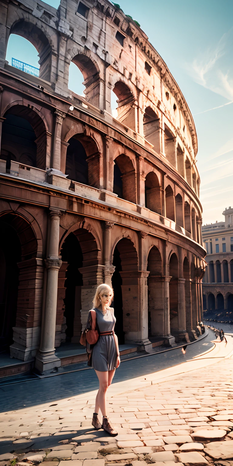 Alafed view of a large building with a walkway in front, roman coliseum, colosseum, coliseum, roman coliseum, roman architecture, coliseum, rome, rome, In a city with a rich history, Background of the Colosseum, Ancient Rome, Ancient Rome settings, rome backdrop, Roman monuments, Background of the Colosseum, surrealistic roman architecture, Ancient Roman style、19 year old blonde longwave girl、Wear a tight-fitting grey dress、Thigh Emphasis Pose、