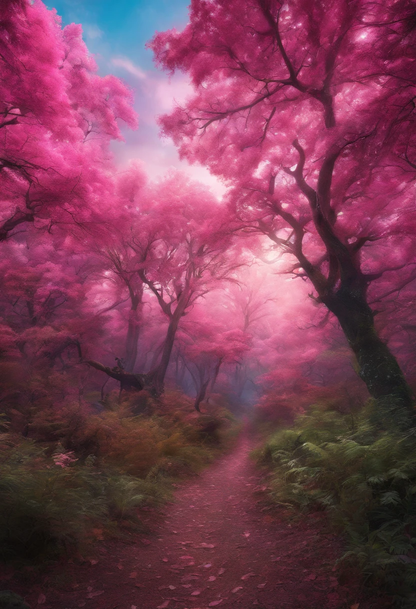 a mystical forest vibrant colorful colors beautiful pink sky