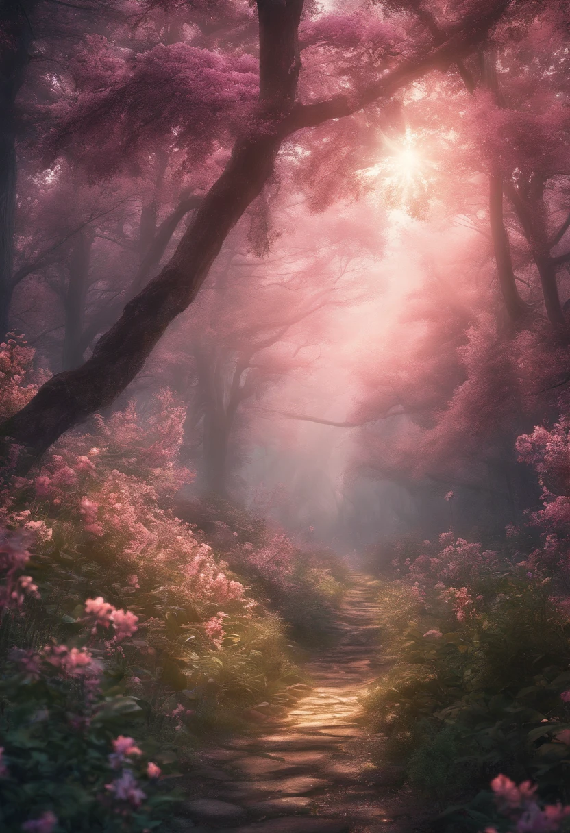 (best quality,4k,8k,highres,masterpiece:1.2),ultra-detailed,(realistic,photorealistic,photo-realistic:1.37),mystical forest,vibrant colors,beautiful pink sky,enchanting,serene atmosphere,majestic trees,elegant flora and fauna,dreamlike setting,rays of sunlight filtering through the canopy,magical creatures hiding in the shadows,ethereal glow,soft breeze rustling the leaves,sparkling dewdrops on leaves and flowers,peaceful and inviting,harmonious blend of nature,pastel hues,dancing lights,whispers of nature,mystifying mist and fog,lively and vibrant plant life,playful animals exploring the forest floor,dappled sunlight creating a magical ambiance,tranquil and captivating,hidden paths leading to secret hideaways,whispering trees telling ancient stories,delicate petals in various shades of pink,celestial beauty,exquisite landscapes,picturesque natural scenery