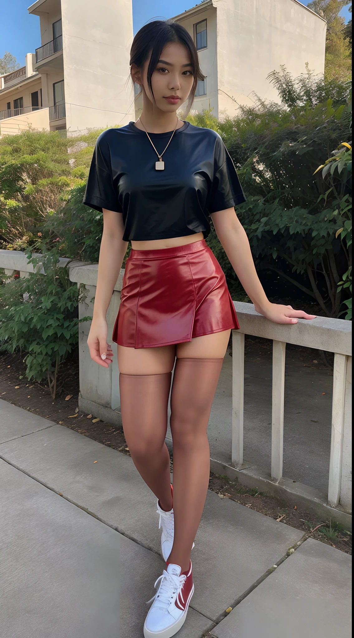 red dyed hair using a white tight caffarena. black skirt. black stilettos. Black stockings. Instagram style photo, detailed face, UHD, front view